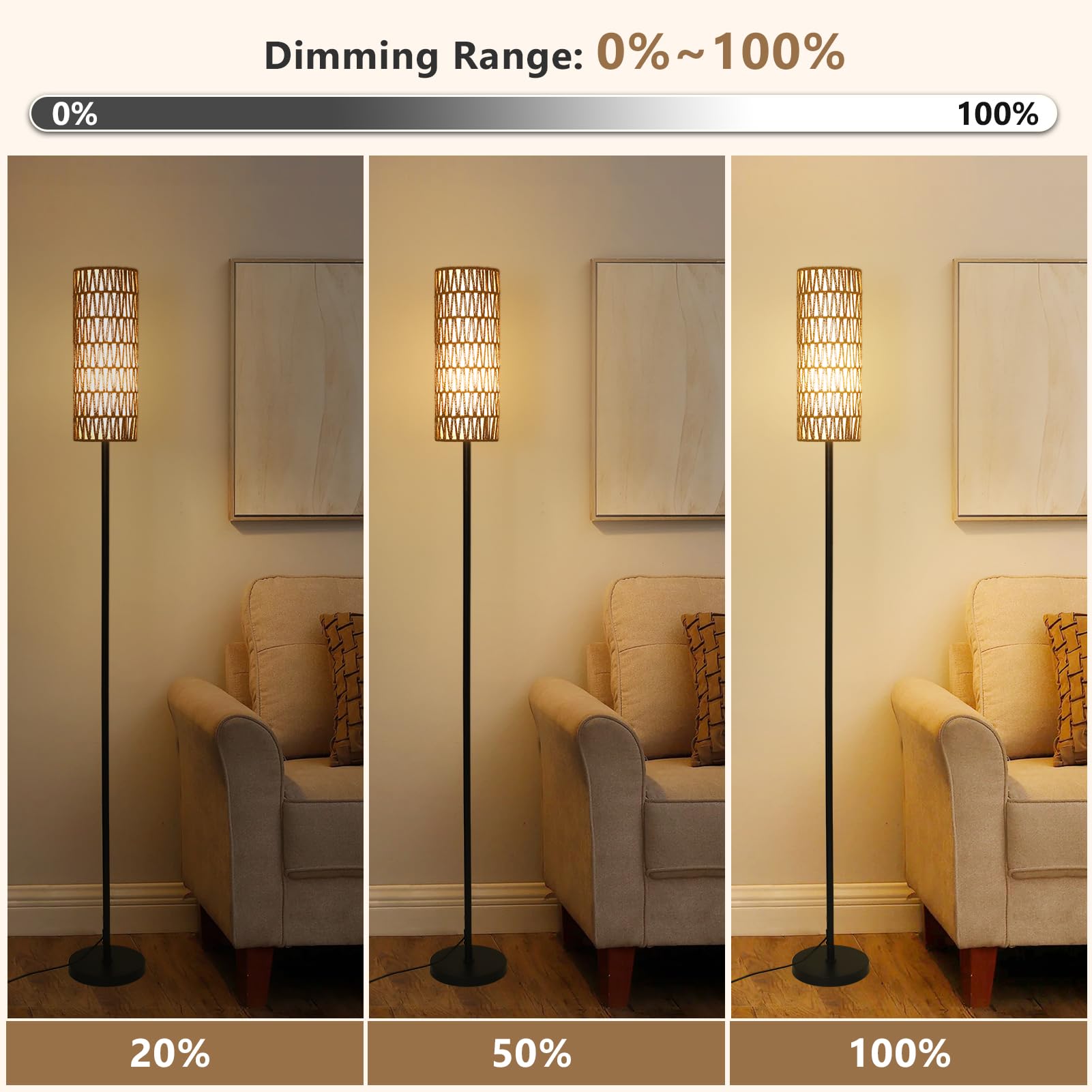 Rayofly Rattan Stehlampe Dimmbar für Wohnzimmer - Mit Fernbedienung, App-Steuerung, Boho-Design, Rattan & Leinen Lampenschirm, Schwarz - Für Schlafzimmer, Büro (Glühbirne Inklusive)