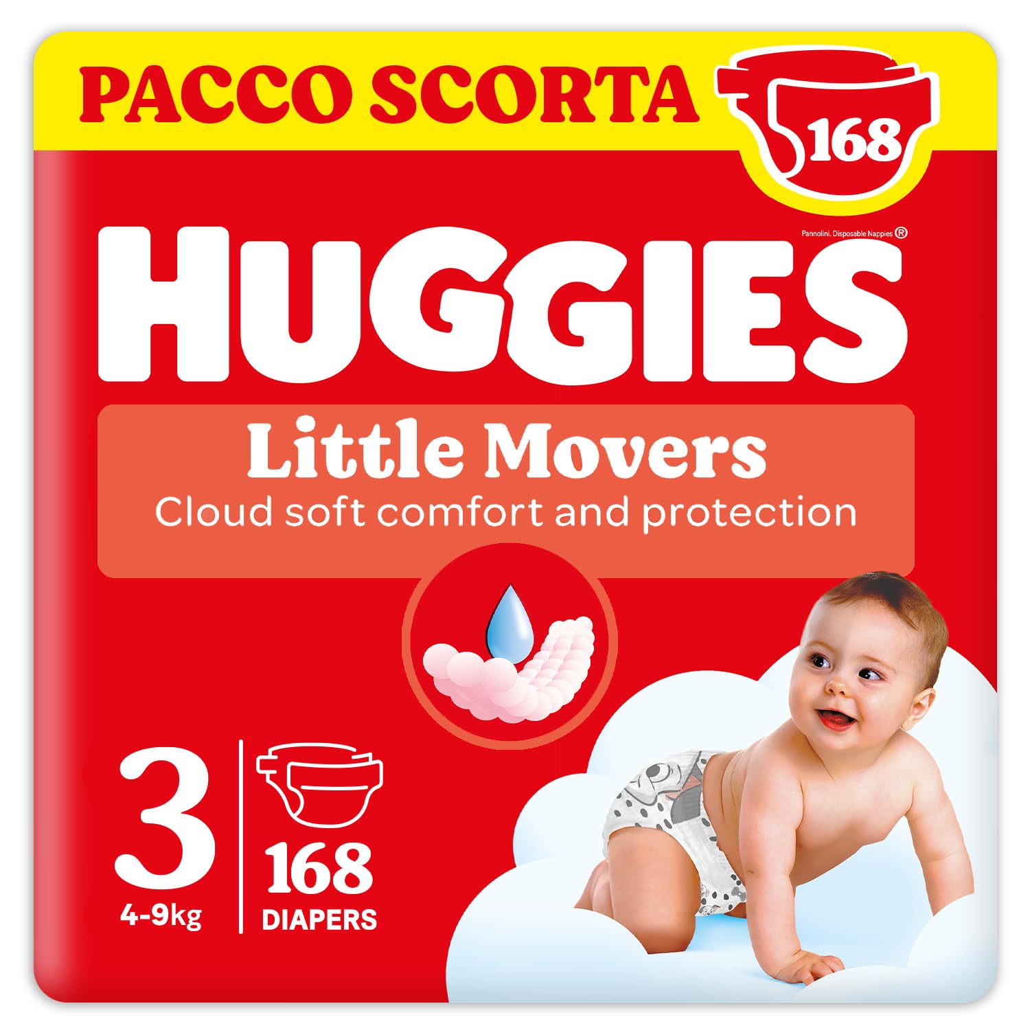Huggies Little Movers, Pannolini Taglia 3 (4-9 Kg), Ultra assorbente, Design Disney, Pacco Scorta, 168 Pz