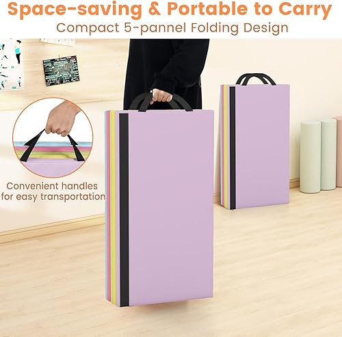 Miniatura 5 de GYMAX Gymnastics Mat, 5-Panel Folding Tumbling Mat with Carrying Handles, 4-Side Hook & Loop Fasteners, Waterproof PU Cover, Exercise Mat for Home,