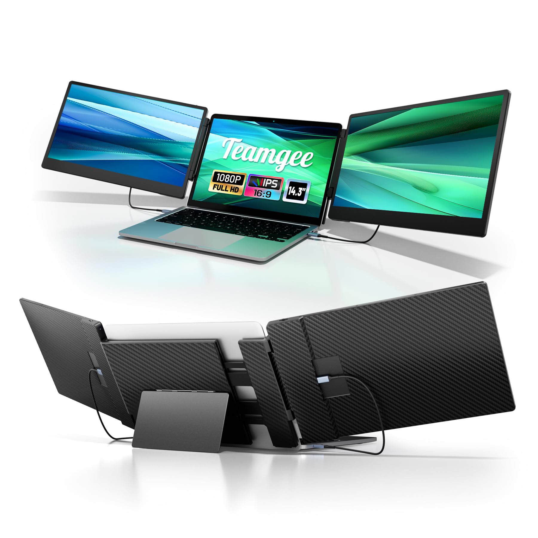 Teamgee 14.3" Laptop Screen Extender, FHD 1080P IPS Portable Monitor with Foldable Stand & Speakers, Compatible with 13”-17” Laptops (Diagonal), HDMI/USB-A/Type-C, for Windows/Mac/Chrome/Switch