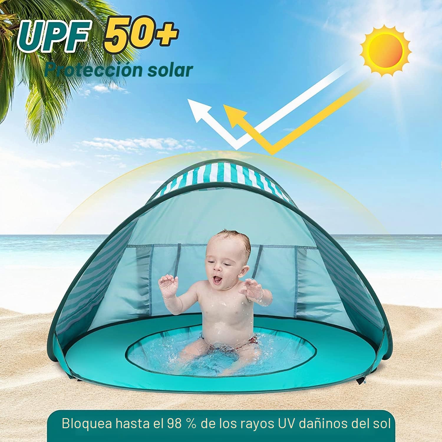 Refugio de playa para bebé, tienda de campaña con mini piscina, protección UV, pícnic y jardín (verde)