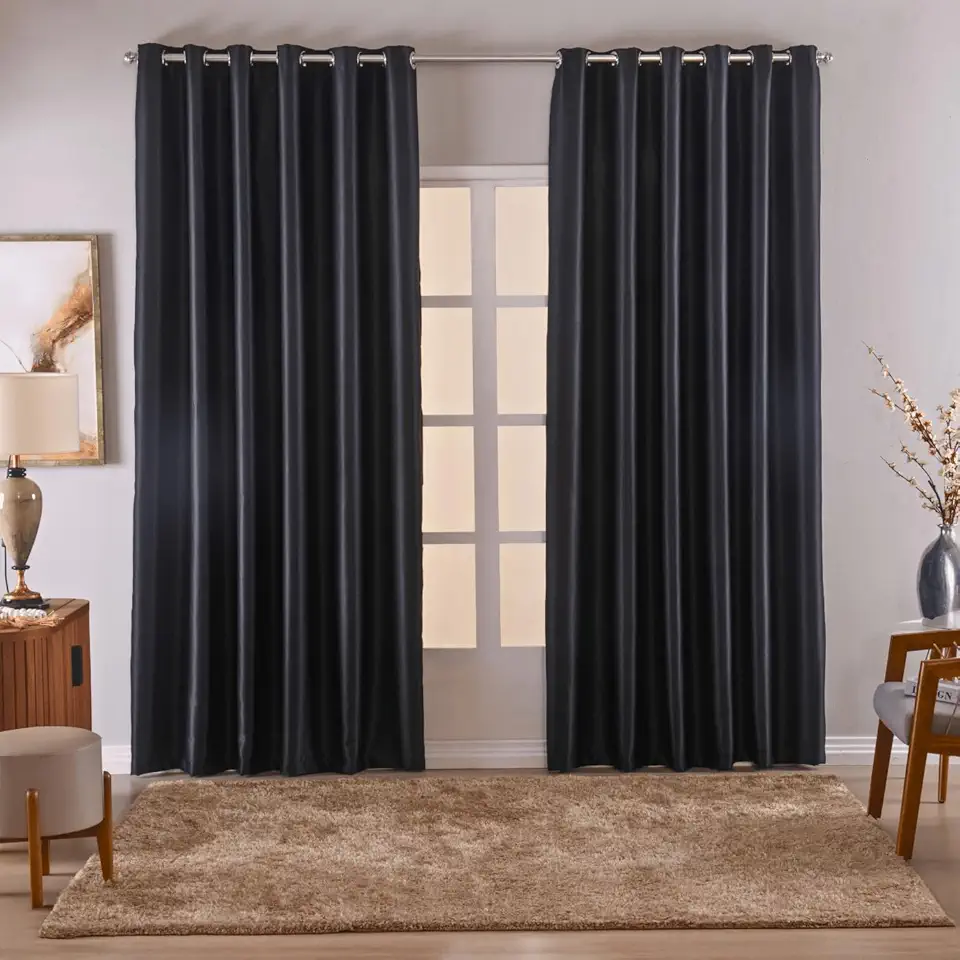 Cortina Blackout/Blecaute Em Tecido Corta Luz Para Sala, Quarto e Escritorio 4,00M x 2,50M | (4,00M X 2,50M) Com Ilhós Cromado (Preto)