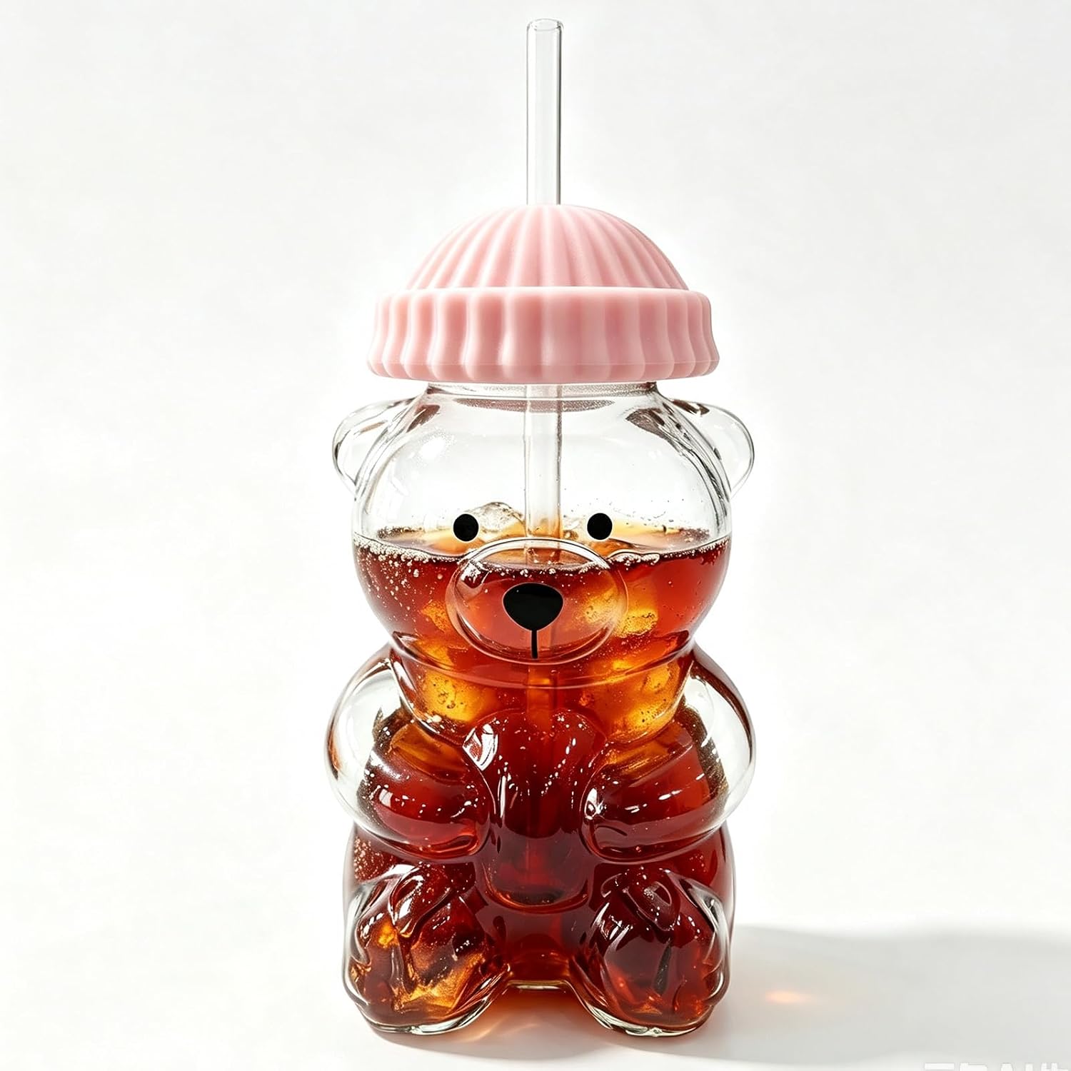 New Cute Bear Glass Cup with Straw & Lid, 20oz High Borosilicate Glass Water Bottle for Cold/Hot Drinks, Bear Pattern Mug, Christmas Day Birthday Gift (Green)