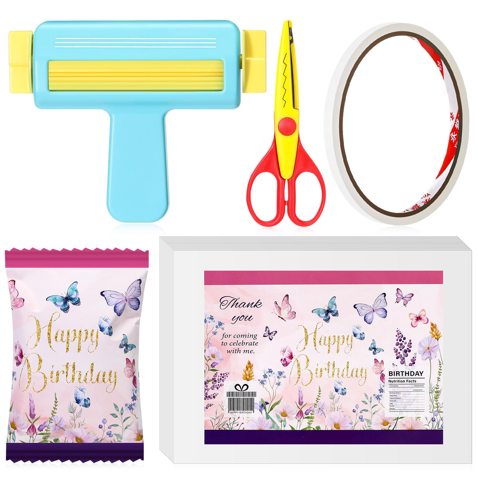 Photo 1 of ***MISSING PARTS/PAPER ONLY****Gilprop Paper Crimper, Pinking Shears, 30 Sheets Butterfly Glossy Thin Inkjet Paper, Double Sided Tape for Crafts Butterfly Birthday Party Supplies for Chip Bag Making