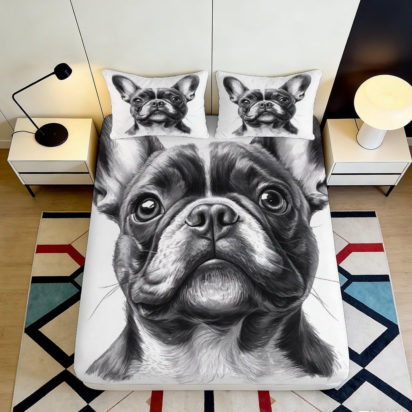 3D Printed Black and White Bulldog Fitted Sheet Microfiber Soft Breathable French Bulldog Bed Cover for Bedroom Dormitory Guest Room Mattress Protection 120x200x25cm