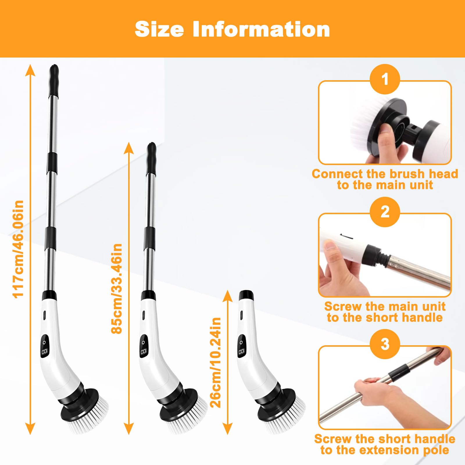 Brosse Rotative Nettoyage Electrique avec 8 Têtes Remplaçables, Brosse sans Fil Poignée Réglable 2 Vitesses, Brosse Douche pour Salle Bain, Sol, Cuisine, Carrelage, Baignoire, Voiture (Blanc)