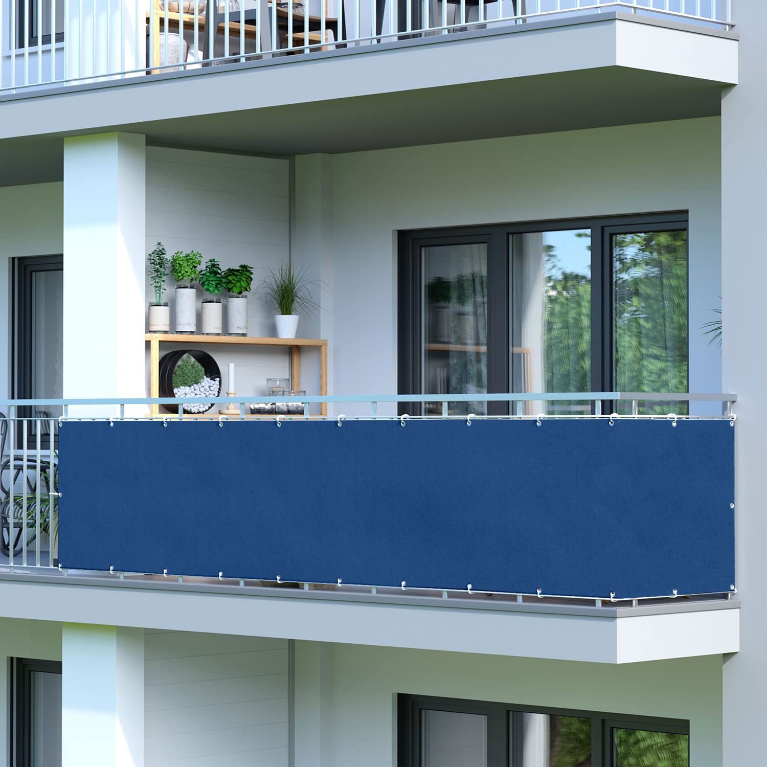 Protezione antivento e UV per ringhiera da giardino, resistente, blu, 130 x 900 cm, con occhielli, fascette stringicavo in nylon e corda. Ideale per balconi