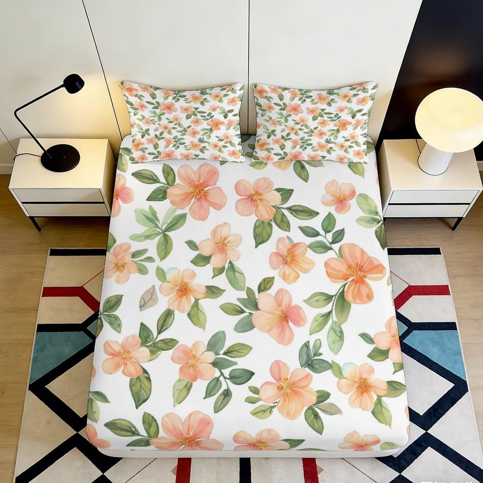 Jqzkxnhpbr Style-9 3D Printed Orange Floral Fitted Sheet Microfiber Soft Breathable Green Leaf Bed Cover For Bedroom Guest Dorm Mattress Protection Decor 90X200x25cm