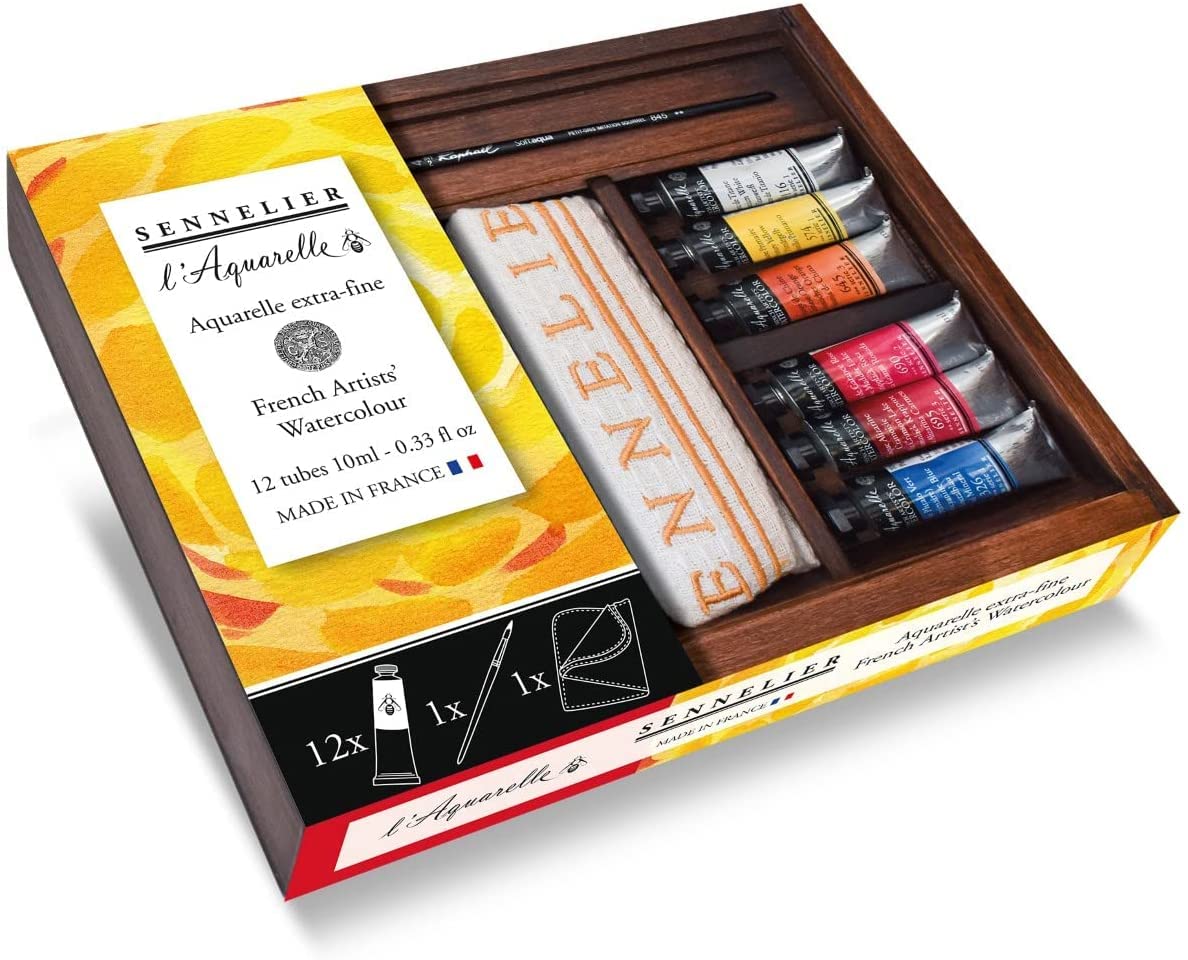 Sennelier Aquarelowe pudełko farby. Zestaw z drewna akwarelowego Extra Fine 12 tubek 10ml i pocztówki