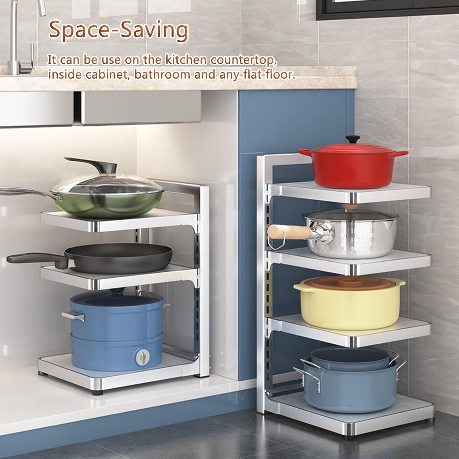 Unterschrank Organizer Edelstahl, Vorratsschrank Organizer Mehrstufig | Küchen Organizer Schrank Höhenverstellbar, Topf Organizer Hoch Belastbar, Schrankregal Abnehmbare Ebenen(4-Tier)