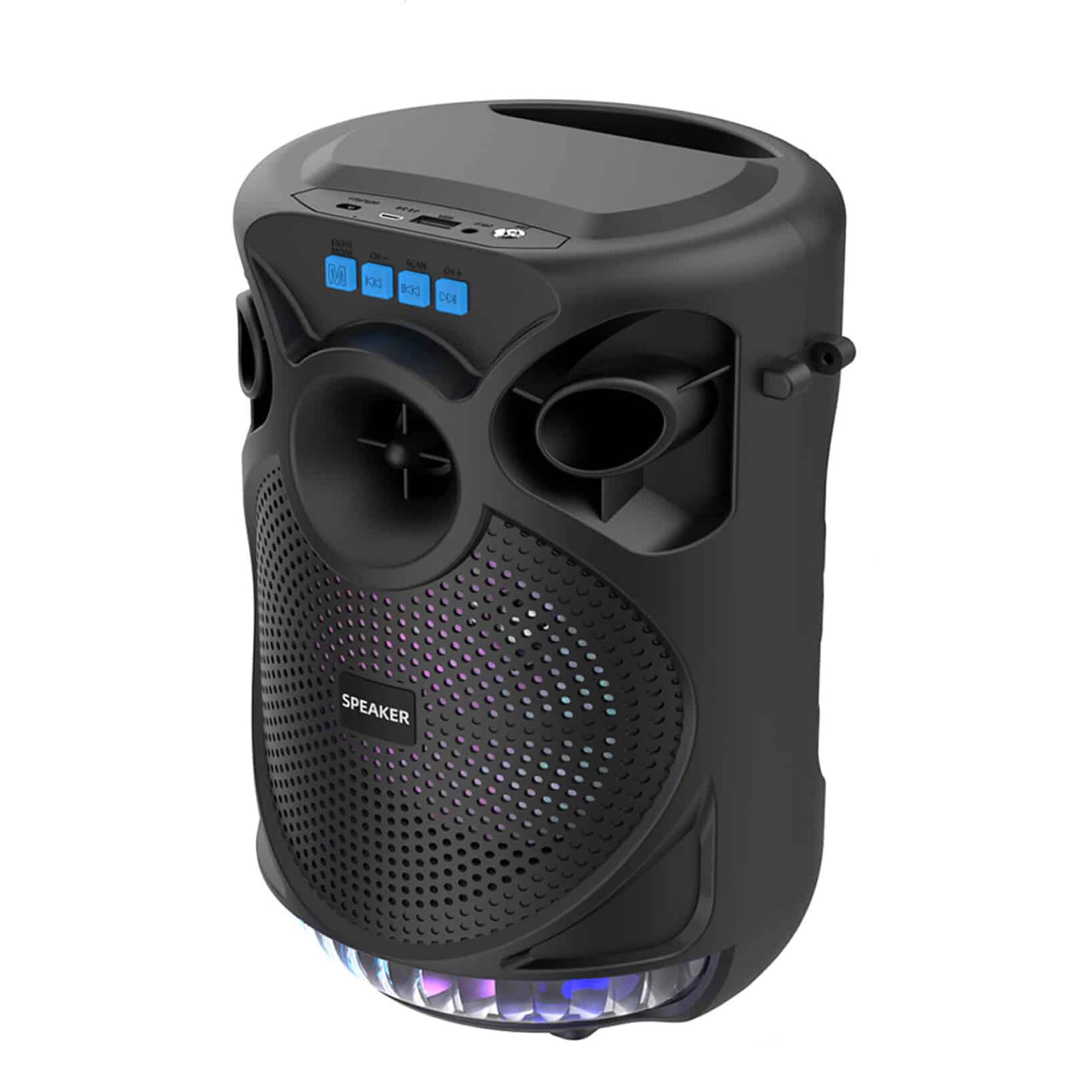 Altavoz Karaoke Bluetooth 5.3 RGB 6,5” 7W con micrófono para móvil | Compatible con iPhone, Android, tablet y PC; 6,5”, 7W, RGB, micrófono con cable, asa, correa y USB/AUX.
