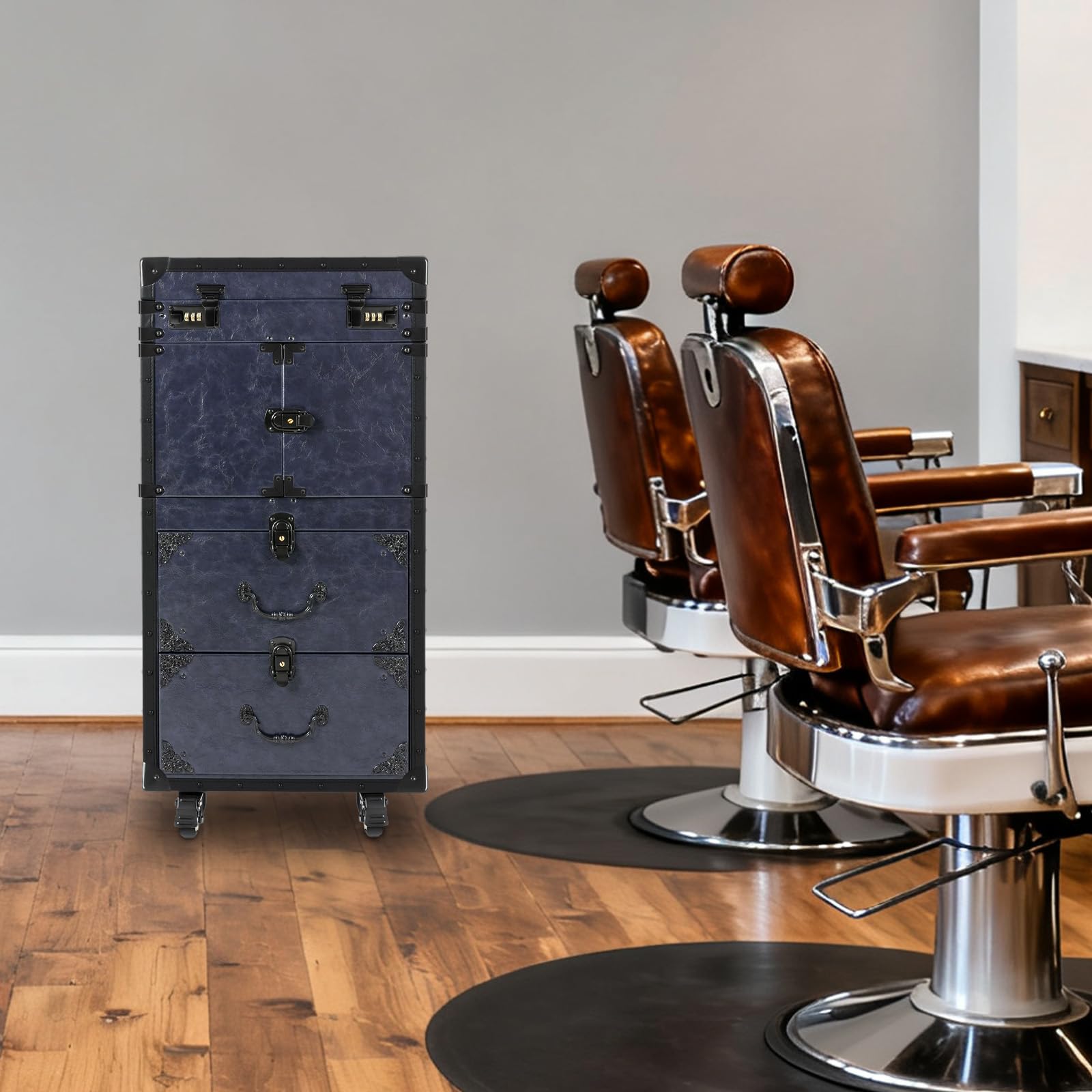 Profi Kosmetikkoffer Trolley mit Rollen, Großer Schminkkoffer 4-in-1 Mehrlagig, Abschließbarer Visagistenkoffer für Friseure & Nageldesign, Retro PU-Leder, Mobil & Stabil, Dunkelblau