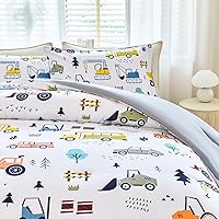 Vista 4 de WINLIFE Juego de edredón de construcción individual para niños, 3 piezas, ropa de cama reversible y ligera de microfibra con vehículos forestales