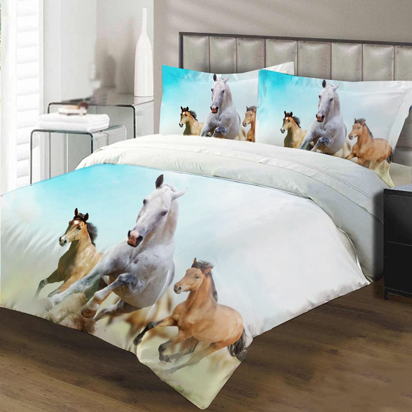 JEFFEL Beddengoedset Paarden 135 x 200 cm, kinderbeddengoed, paardenmotief 3D-dierenmotief, microvezel, zeer zacht, kinderbeddengoedset met dekbedovertrek en kussensloop, Paard-1, 120 x 150 cm
