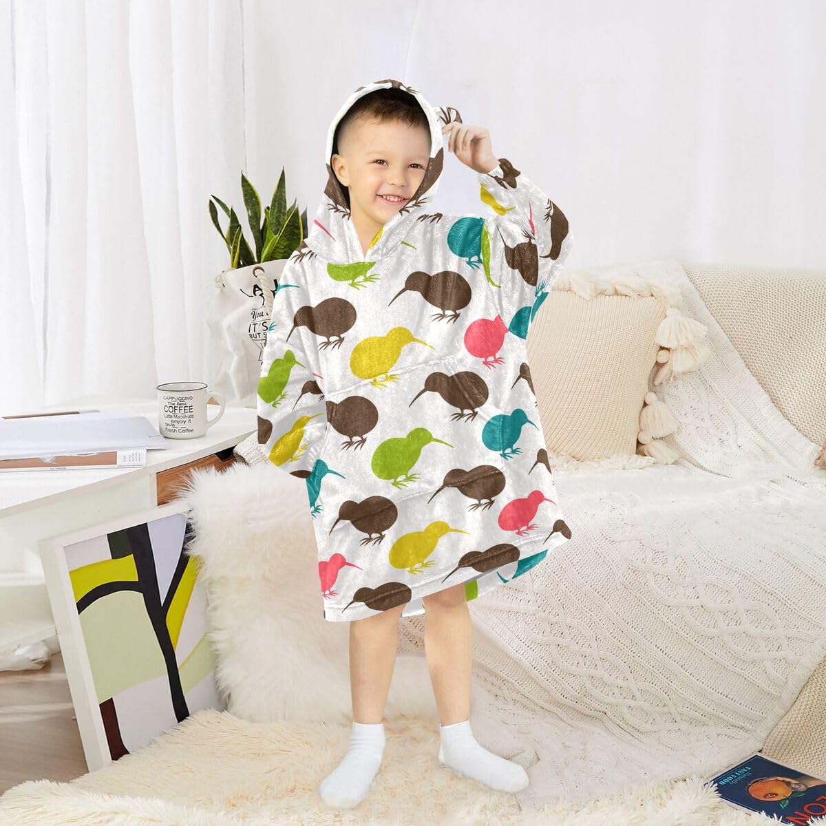 Ptaki kiwi kolorowy dziecięcy koc do noszenia bluza z kapturem oversize bluza koc sweter uroczy dla chłopców i dziewcząt w wieku 3-14 lat