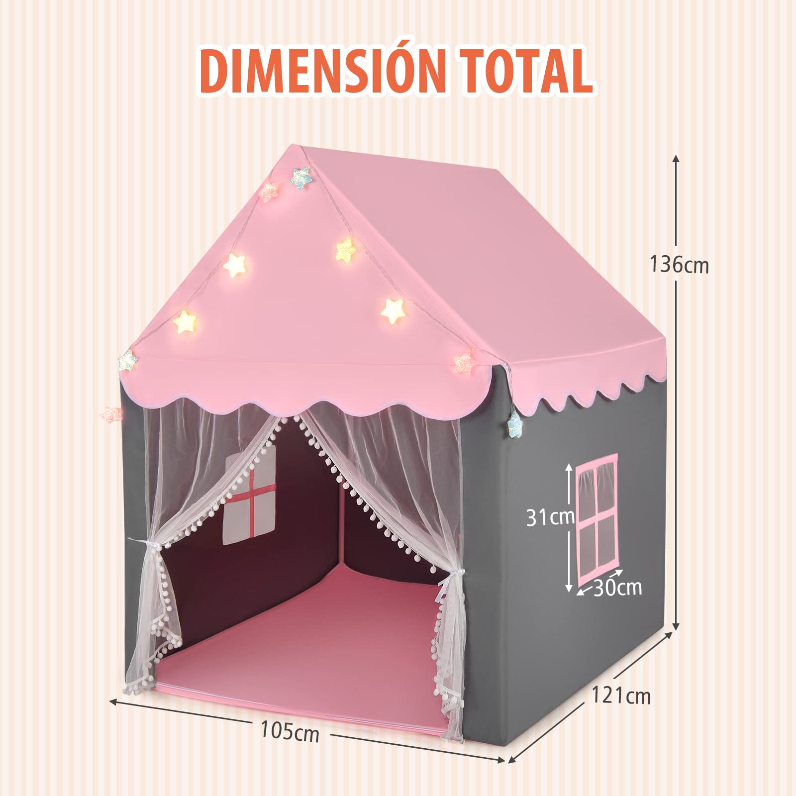 COSTWAY Carpa para Niños con Colchoneta Lavable, Luces de Estrella, Ventanas, Cremalleras Inferiores, Carpa Castillo de Hadas, Casa de Juegos, Tienda Infantil de Campaña para Niños y Niñas (Rosa)