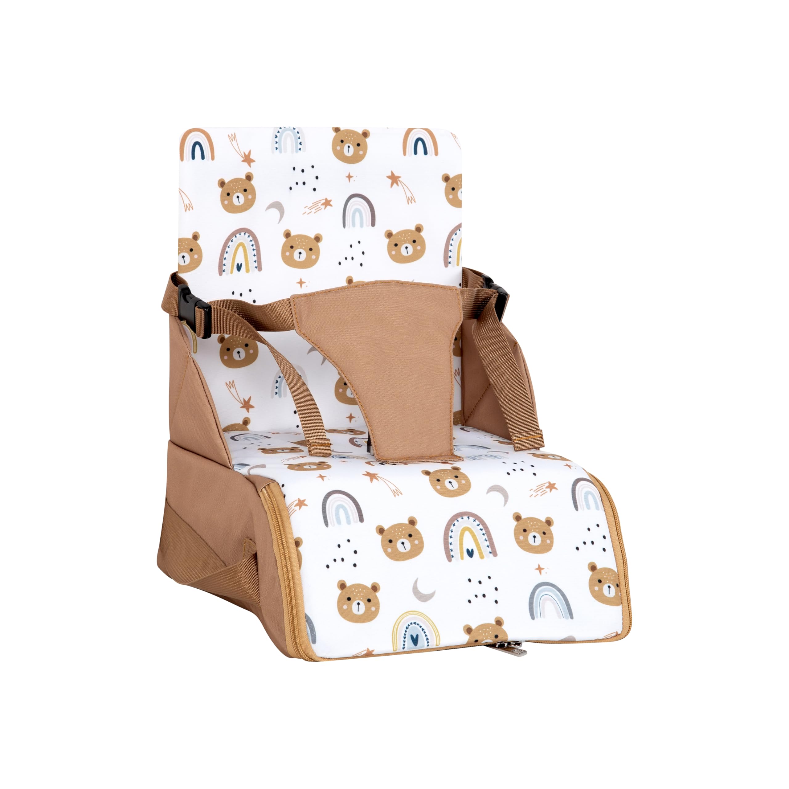 TINÉO - Réhausseur Nomade - Adaptable A Toutes Les Chaises - Ultra Compact - Transportable - Harnais De Sécurité - Rangement Compartimenté Et Fermé dans L'Assise (Camel Ourson)