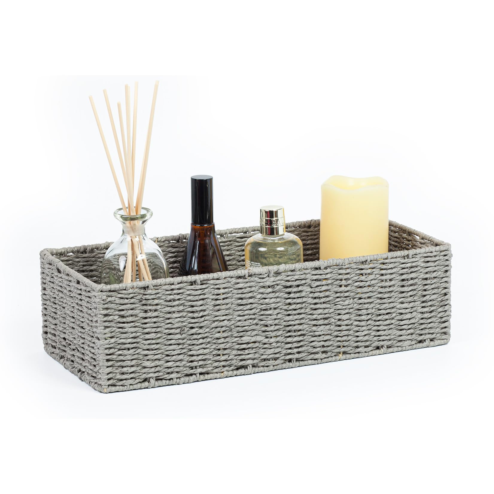 Woodluv Paper Rope - Single Section Basket Multipurpose Handwoven Paper Rope Rectangular Storage Orgainser Tidy Basket, Grey