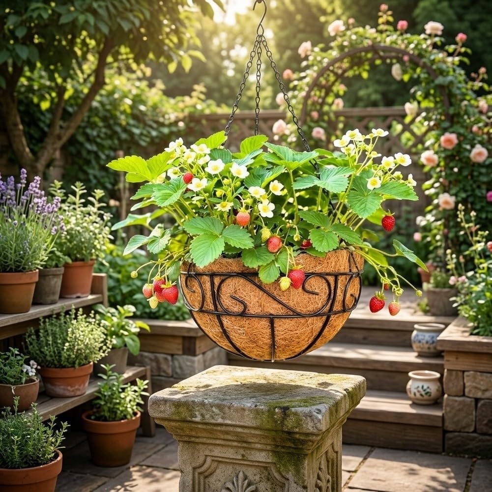 2 Stück Hängeampel Metall mit Kokosfaser Liner, Rustikaler | Blumenkorb für Balkon und Garten, Dekorativer Hängeblumentopf mit Wandhalterung für Pflanzen, Set für Hochzeitsdeko, 12