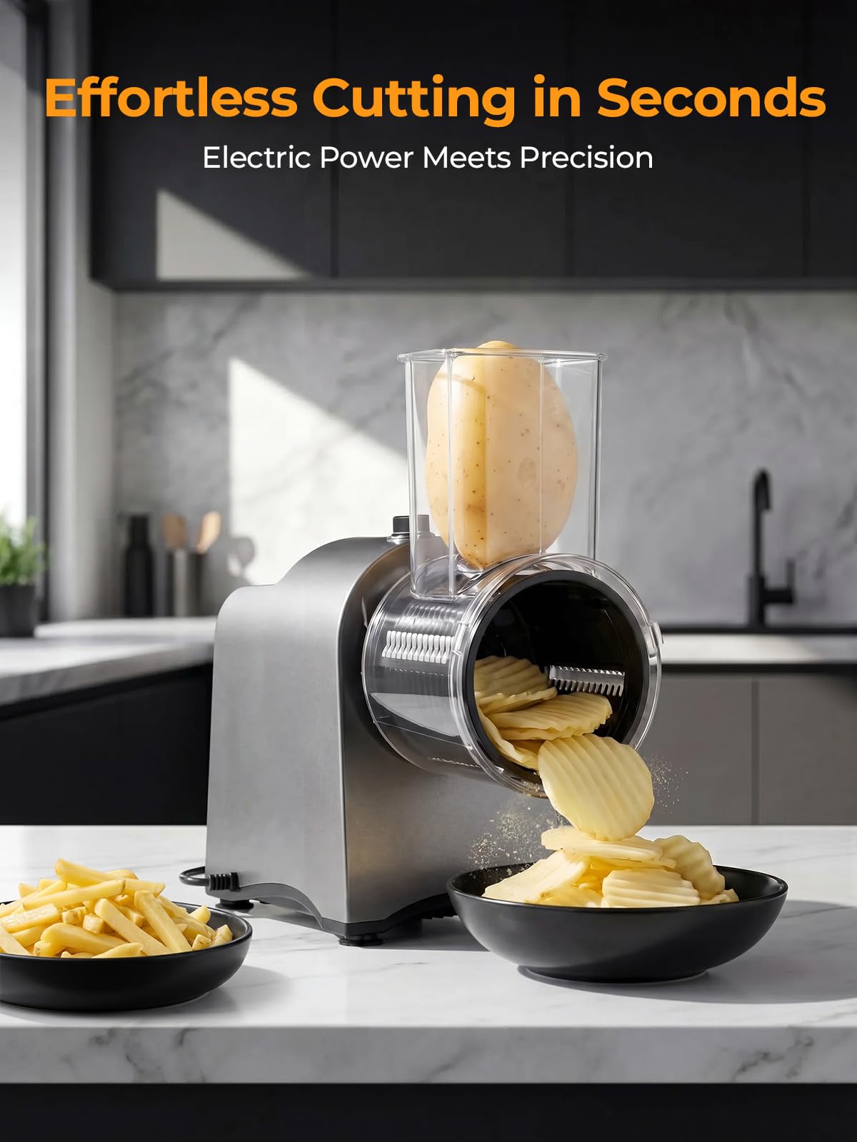FOHERE Rallador de Queso Eléctrico 300W & Cortador de Verduras | 6 en 1 Cuchillas para Verduras Procesador de Alimentos de un Botón Para Cortar, Rallar y Moler Queso, Verduras