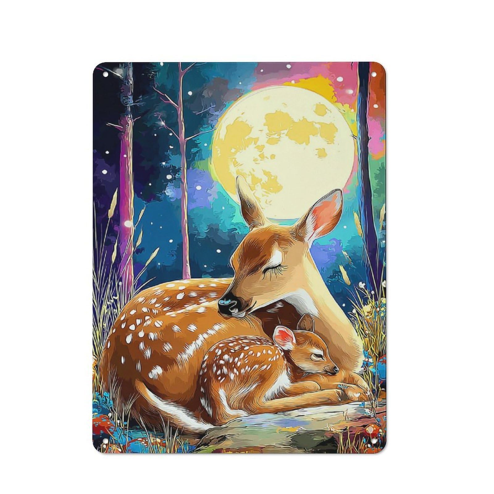 Junmoney Deer Family Under The Moonlit Sky Office Metal Sign With Design 40X30cm, Classic Study Room Decor For Office, Study, Studio Or Hallway