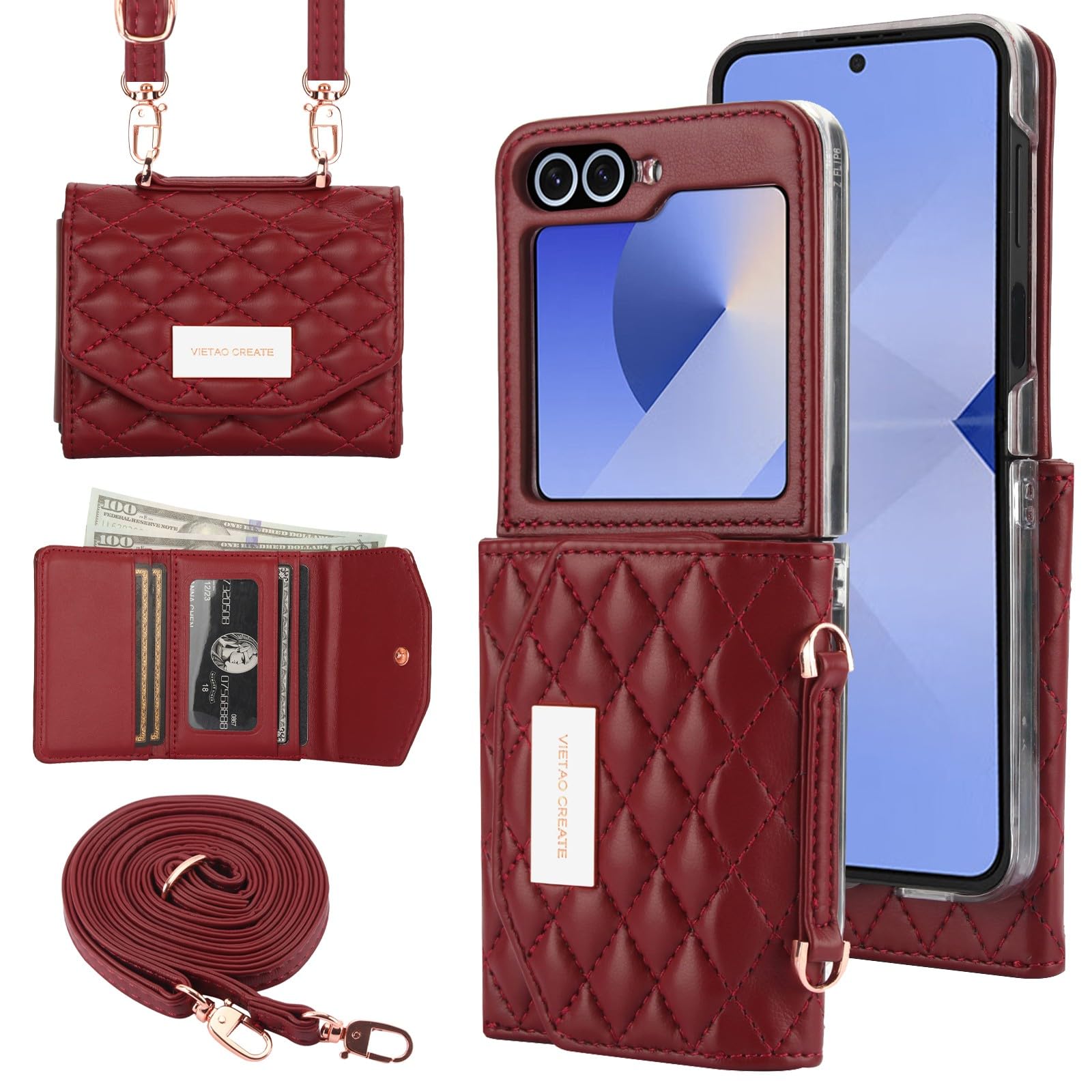 Etui portfelowe na telefon komórkowy Samsung Galaxy Z Flip 8 z wbudowaną skórzaną przegródką na gotówkę i uchwytem na karty kredytowe, regulowany pasek crossbody, ochrona zawiasów dla kobiet i