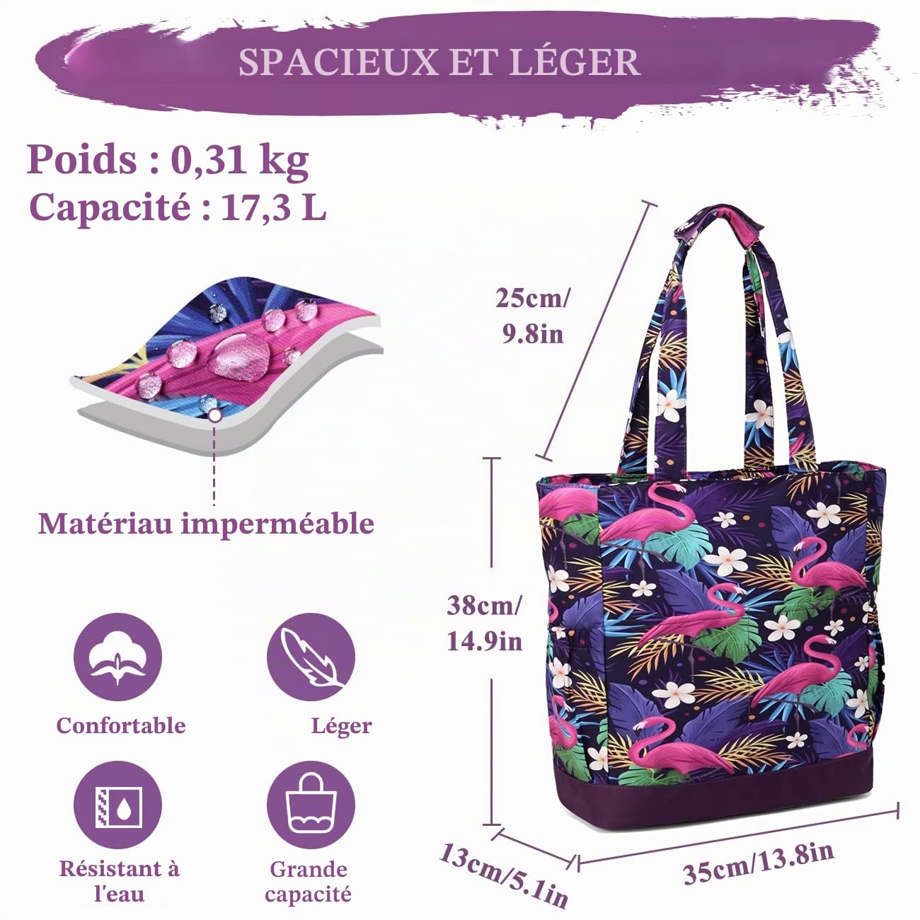 Sac de Plage Femme, VASCHY Multi-Poches Grand 17,3L Cabas Femme d'Été Pliable Léger Résistant à l'Eau Sac Fourre-tout Zippée Tote Bag pour Vacances Voyage Piscine Shopping Gym