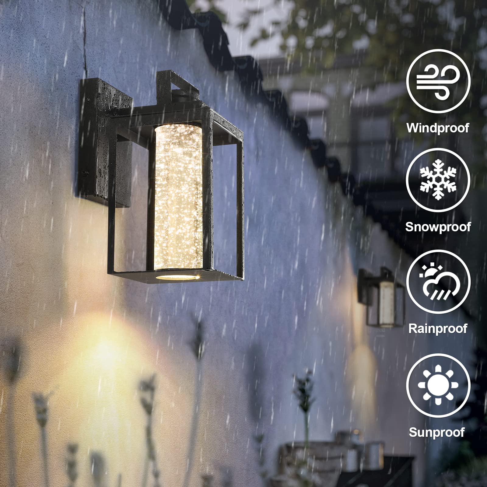 MAXvolador Outdoor LED Wall Lantern, Waterproof Wall Sconce Light Fixture with Crystal Bubble Glass, Modern Black Front Porch Lights 12W, 3000K Soft White Exterior Wall Mount Lighting for Entryway