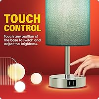 Vista 5 de Yarra-Decor Lámpara de mesa de noche, puerto USB, control táctil, madera, 3 modos, regulable, pantalla redonda de tela de jeans, para sala