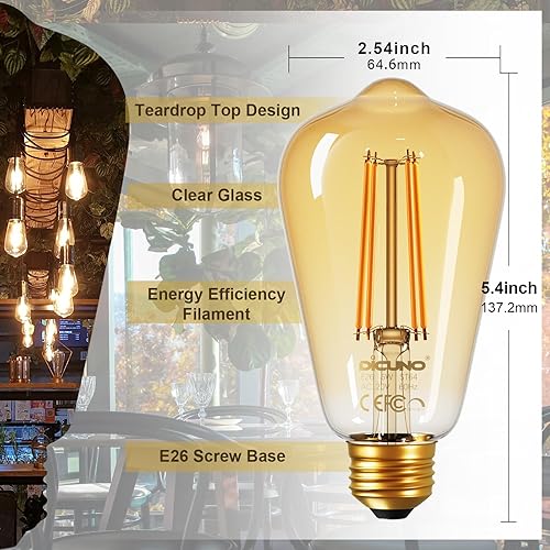 Miniatura 3 de DiCUNO ST64 Edison Bombilla LED equivalente a 60 W, 6 W, ámbar blanco 2200 K, regulable, bombillas LED vintage, 600 lúmenes, base media E26 con