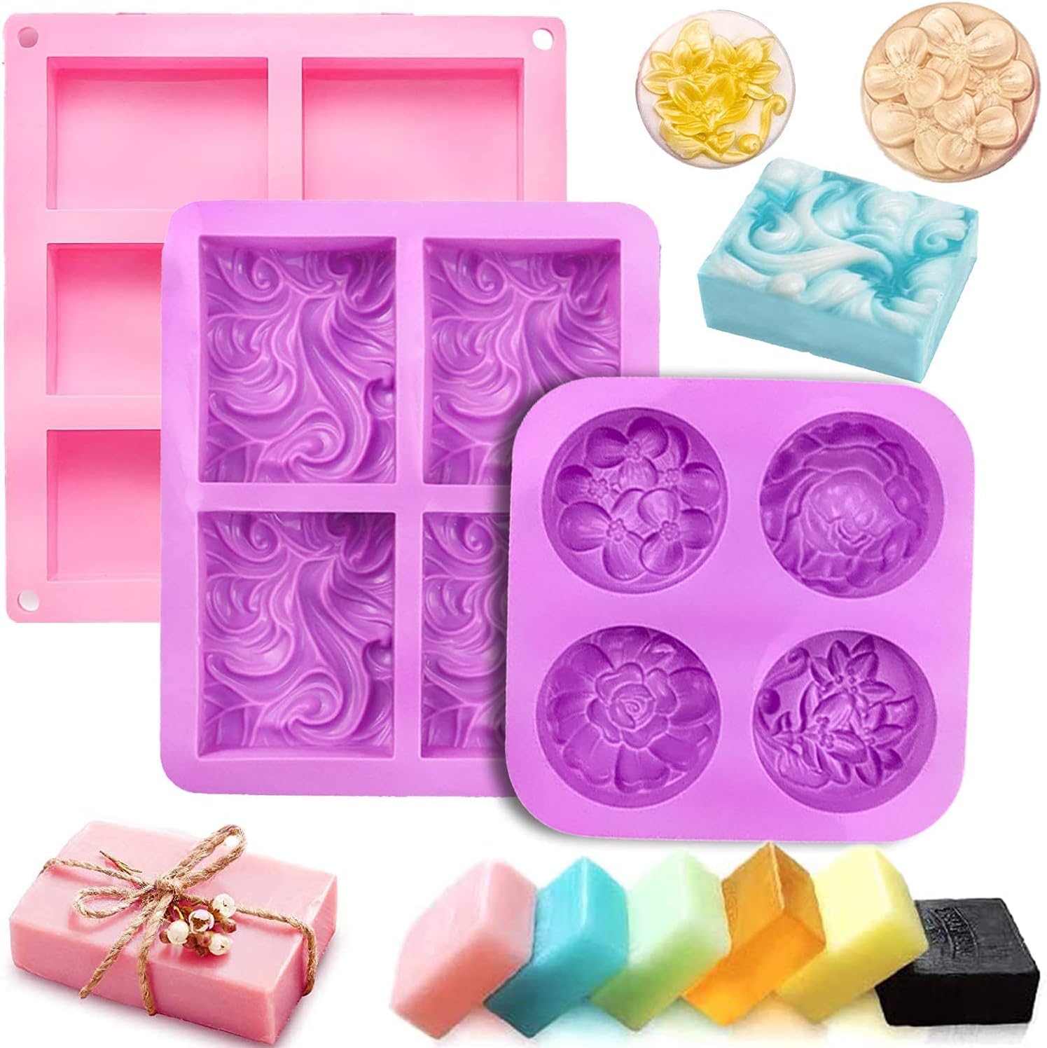 ELECDON Silicone Soap Molds 6 Cavities Silicone Soap Mold Ocean Wave Soap Making Molds Rectangle and Flower Shapes for Soap Making Handmade Cake Chocolate Biscuit Pudding Jelly Ice Cube Tray 3PCS