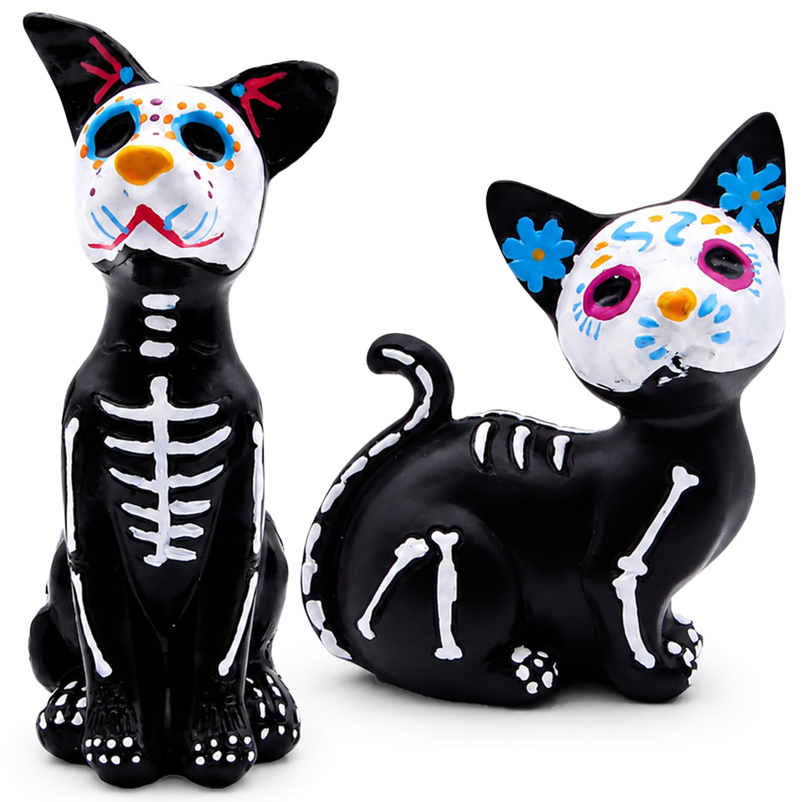 Kytunera 2PCS Day of the Dead Dog and Cat Figurine Halloween Sugar Skull Dog Sugar Skull Figurines Day of the Dead Decorations Resin Skeleton Statue for Halloween Home Desk