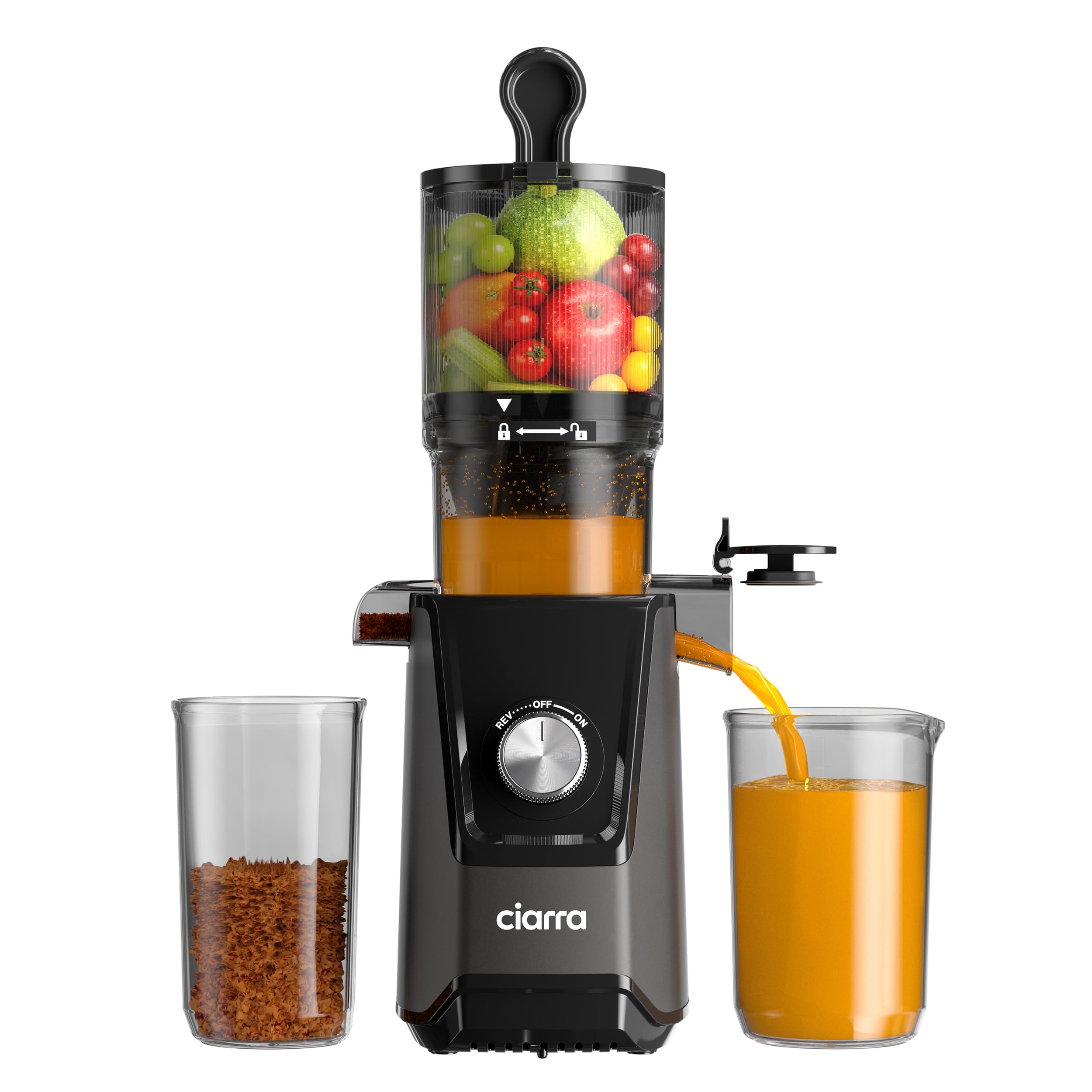 Ciarra Cold Press Juicer - 4.3” XL Feed Chute, 200W Quiet Motor, 1.27 Qt (1.2L) BPA-Free Juice Container, 90% Juice Yield Slow Masticating Juicer for Whole Fruits & Vegetables, Easy to Clean