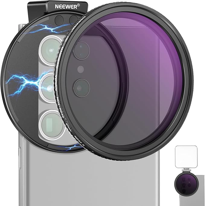NEEWER 67mm Clip On Variable ND2-ND32 Kit Filtro Lente de Movil, Phone Clip con Anillo Adaptador Magnético/Zapata Fría, Filtro ND Magnético HD para iPhone 16 15 Pro MAX 14 13 Galaxy S22 S23 S24 Ultra
