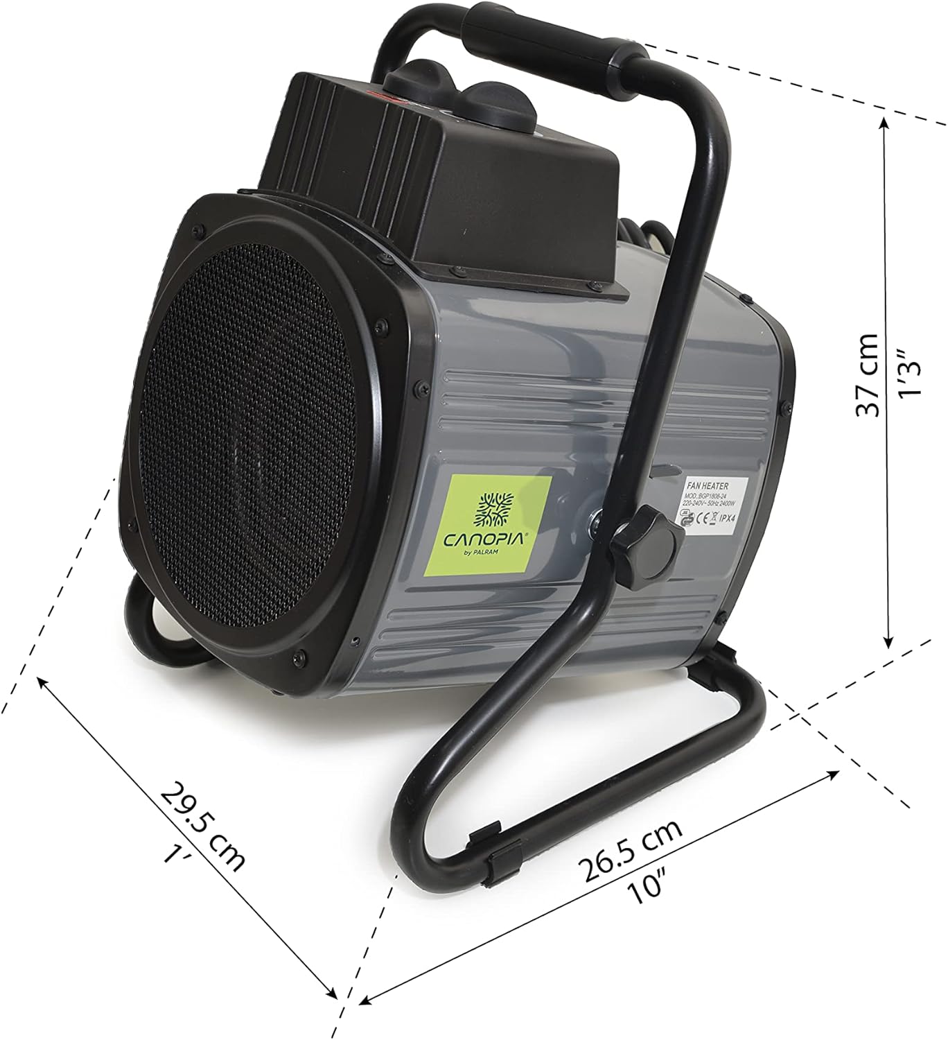 Diagram showing the dimensions of the Palram Greenhouse Heater