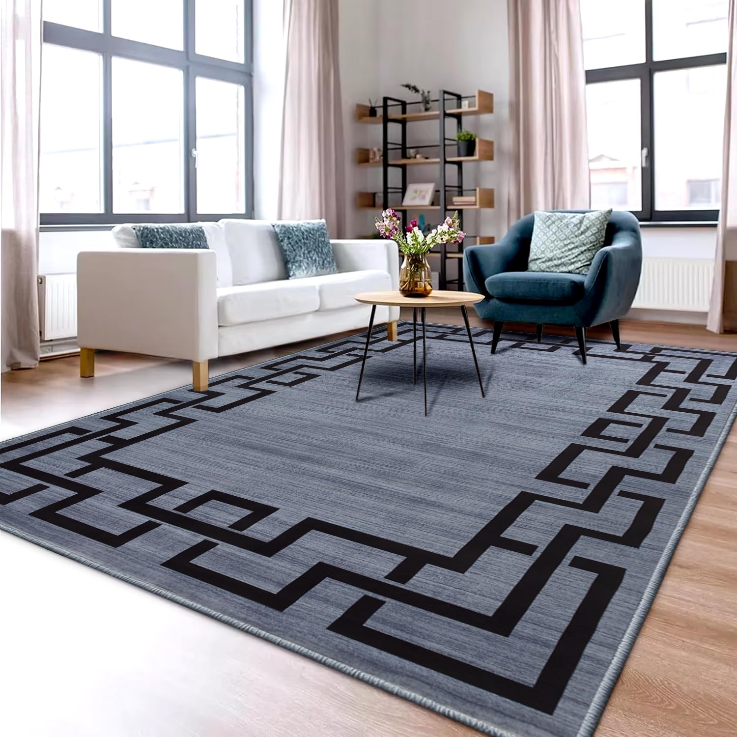 Aspire Homeware Rugs Living room 120 x 170 Anti Slip Greek Key Style Bedroom Rug – Soft Easy to Clean Carpets for Nursery Room Playing mat – Non-Shedding Large Grey Area Rugs for Office (Nico)