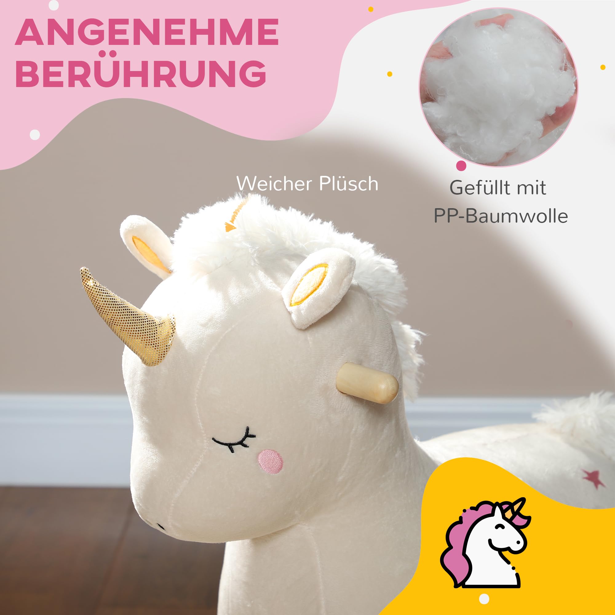 AIYAPLAY Schaukeltier Baby Schaukelstuhl Sound Schaukelpferd Einhorn Weiß | Schuakelsitz, Unicorn Design, Schaukelspielzeug für Kleinkinder ab 2 Jahre, Plüsch