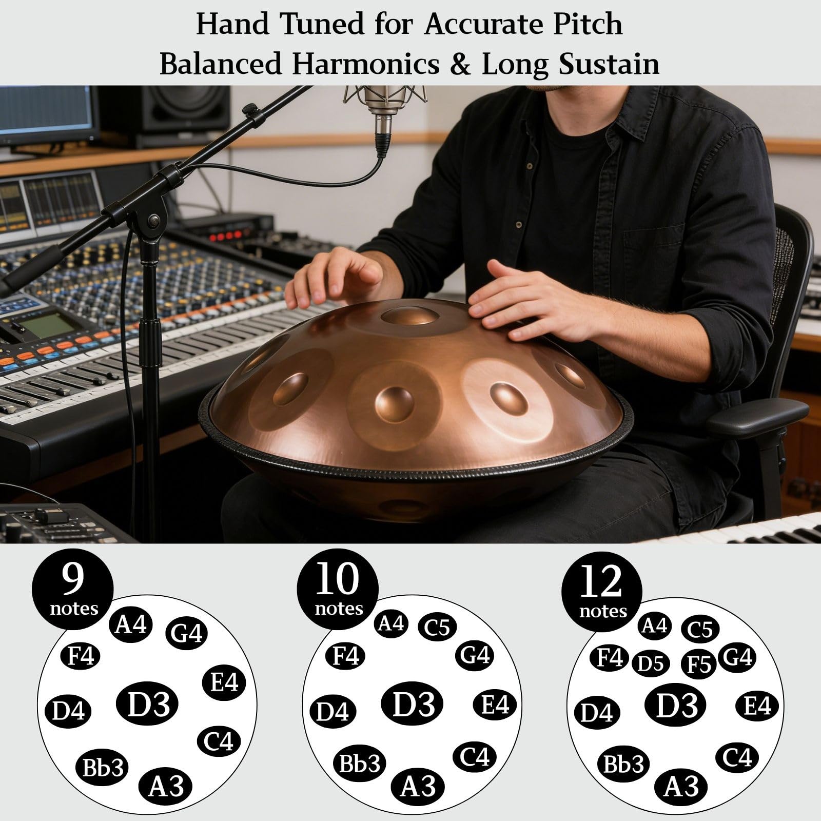 Handpan Drum D Minor per Musica e Meditazione Strumento a Percussione in Acciaio con 9 10 12 Note Accordato 432Hz 440Hz Handpan per Yoga Musicisti Adulti e Relax(Oro,440HZ/12 Note)