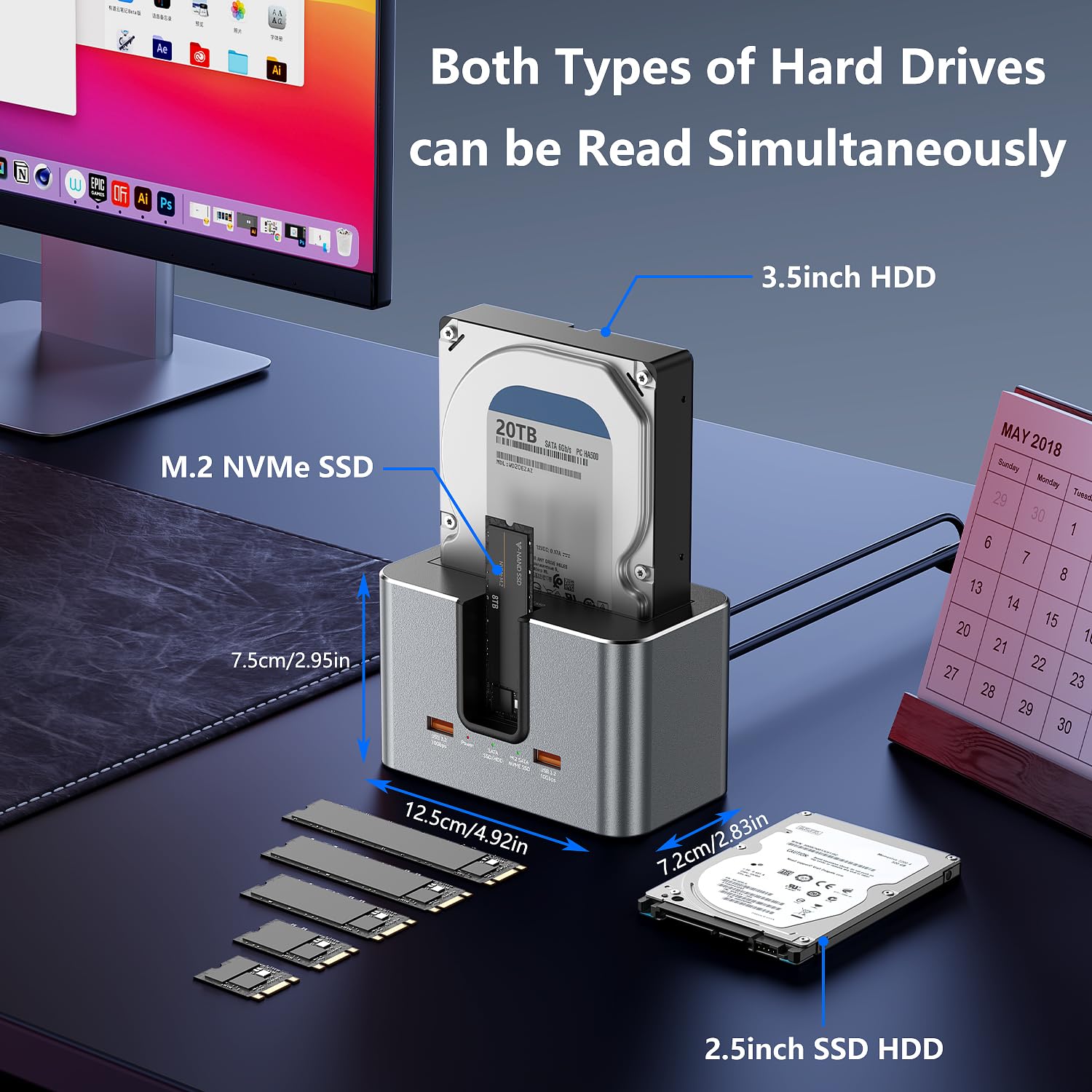 Enclosure per disco rigido a 2 alloggiamenti per HDD/SSD SATA da 2,5" e 3,5" e SSD M.2 NVMe, interfaccia USB 3.2 da 10 Gbps, fino a 28 TB