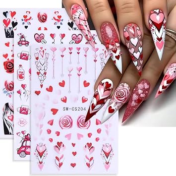 8 Sheets Valentines Day Nail Art Stickers Decals Valentines Self-Adhesive Nail Design Stickers Romantic Angel Cupid Bear Red Lips Heart Nail Decals for Women