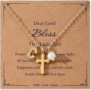 Initial A-Z Pearl Cross Necklace for Girls Teen,First Communion Baptism Confirmation Birthday Gifts for Her Goddaughter