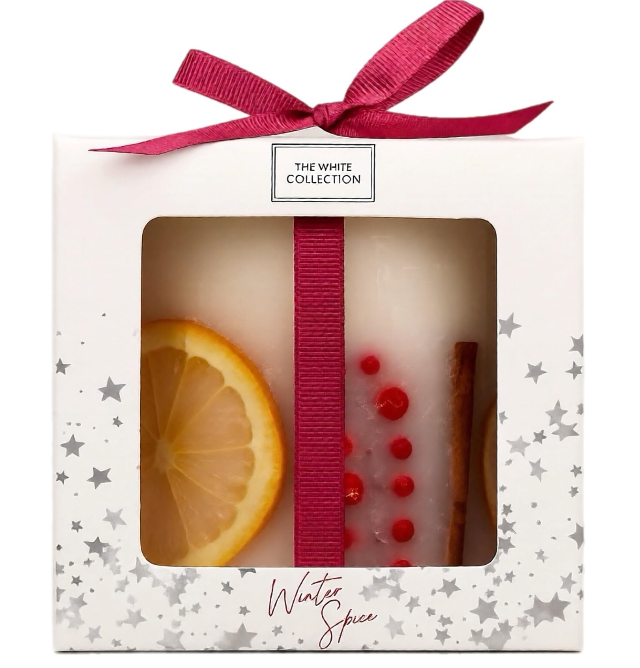 The White Collection Winter Spice Botanical Candle, One-Wick Pillar, 580g, Festive Cinnamon and Citrus Fragrance with Berry Notes