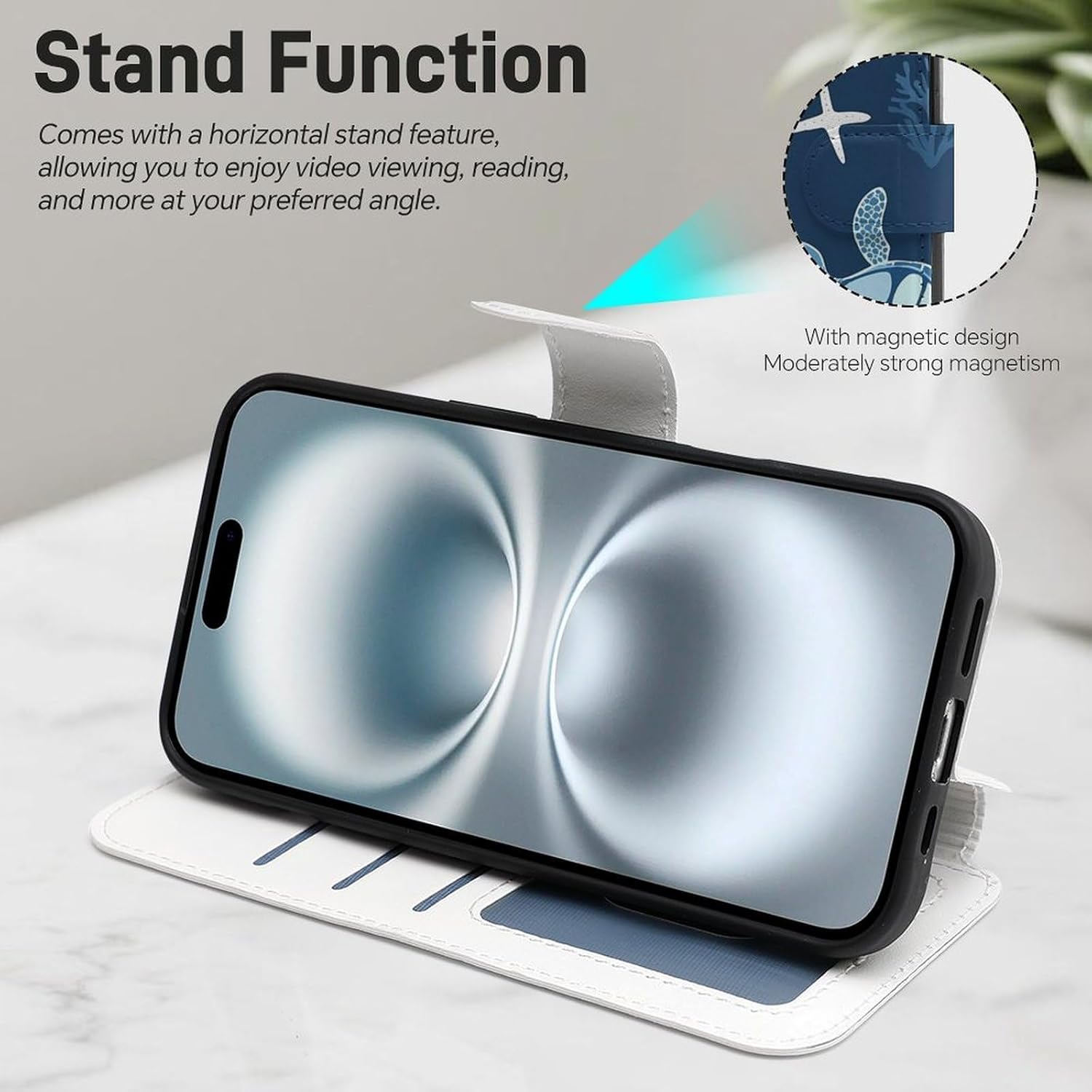 Turtles Coral Starfish Compatible with iPhone 16/16 Plus/16 Pro/16 Pro Max/16 E Case Phone Wallet Card Holder Flip Cover with Wrist Strap