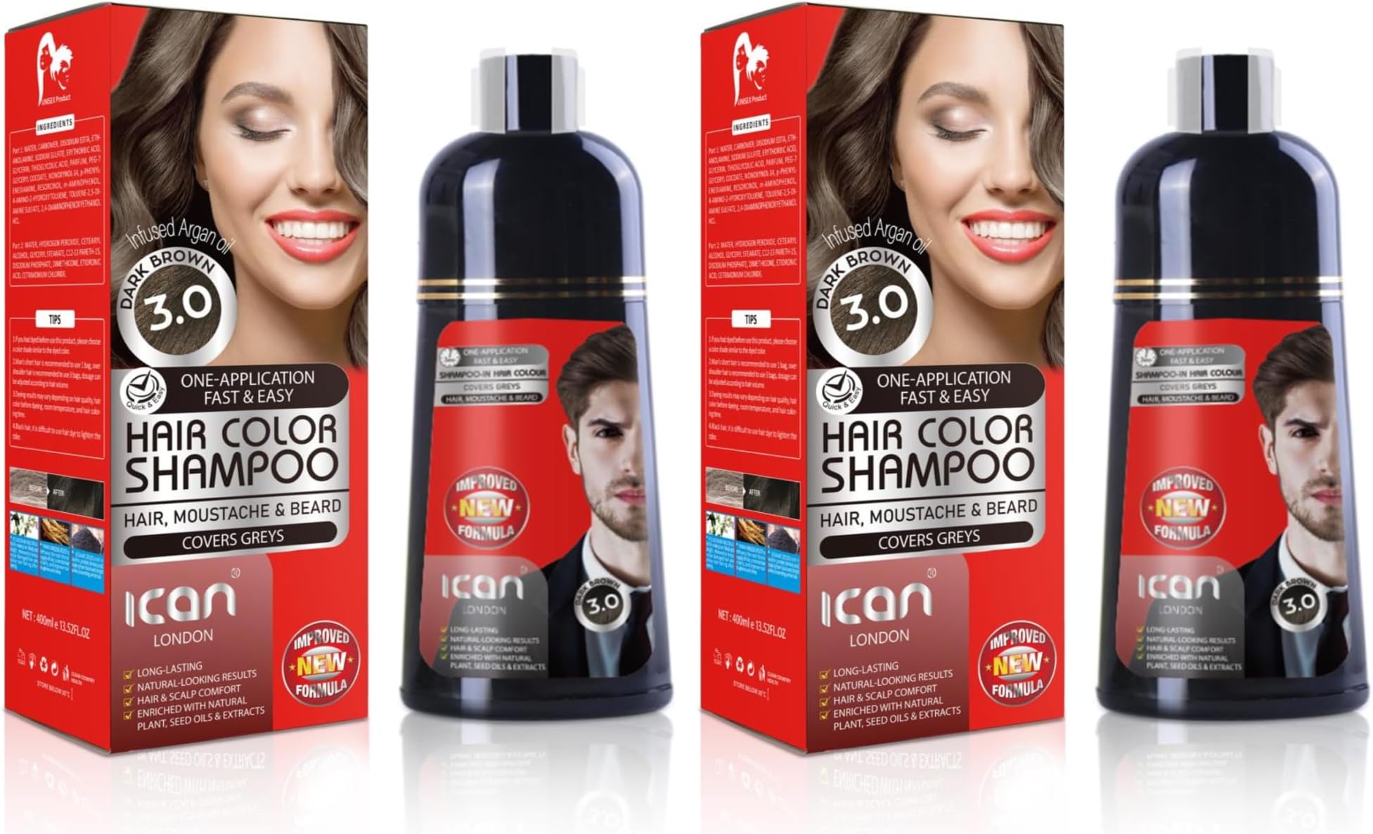 Hair Color Shampoo Dark Brown 3.0 100% Gray Coverage 2 x 400ML
