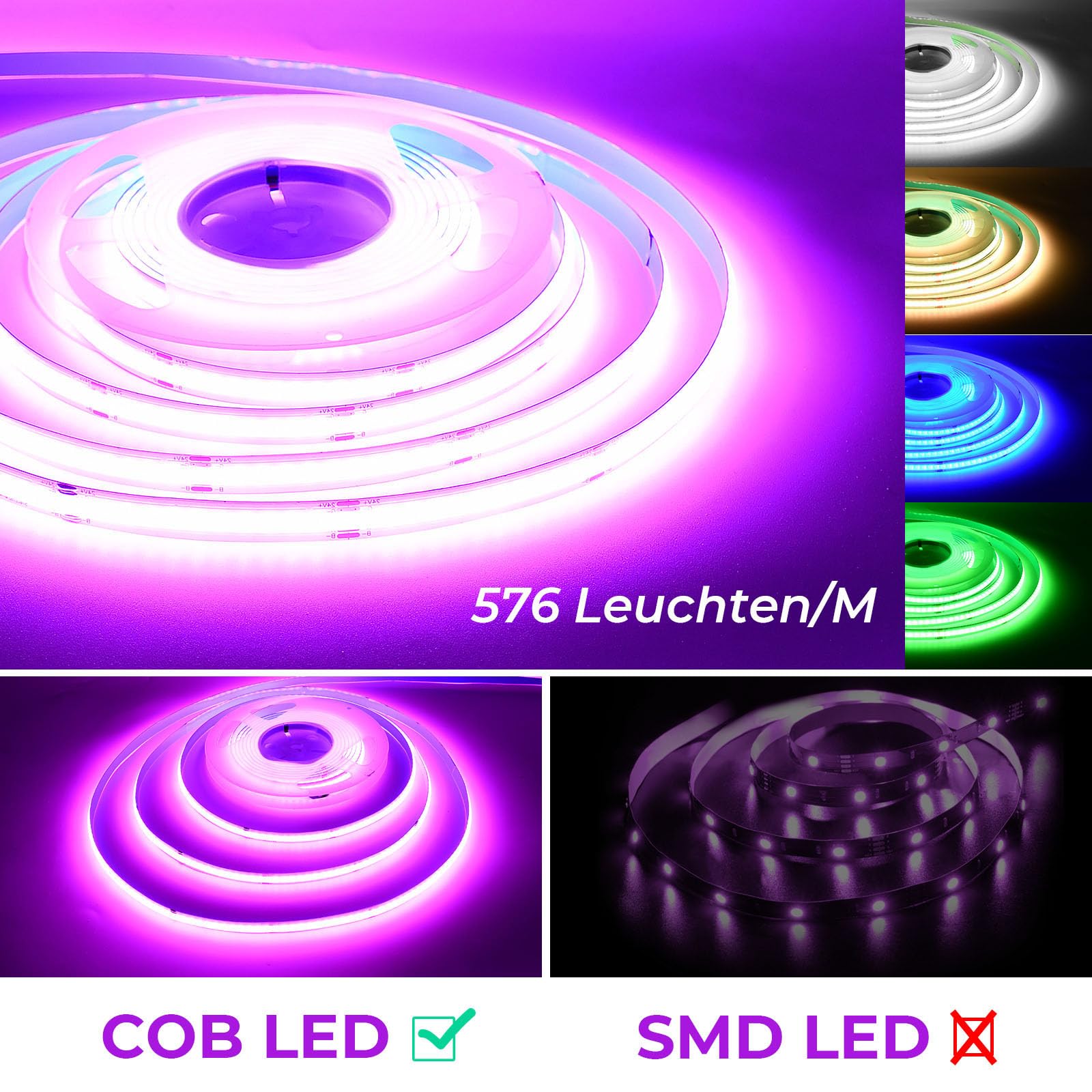 10M COB RGB LED Striscia,Nessun alimentatore Striscia Della Luce Della Striscia 576LEDs/M 5760LEDs 24V Dimmable Deformable LED Striscia Della Luce Della Striscia,Nessun telecomando