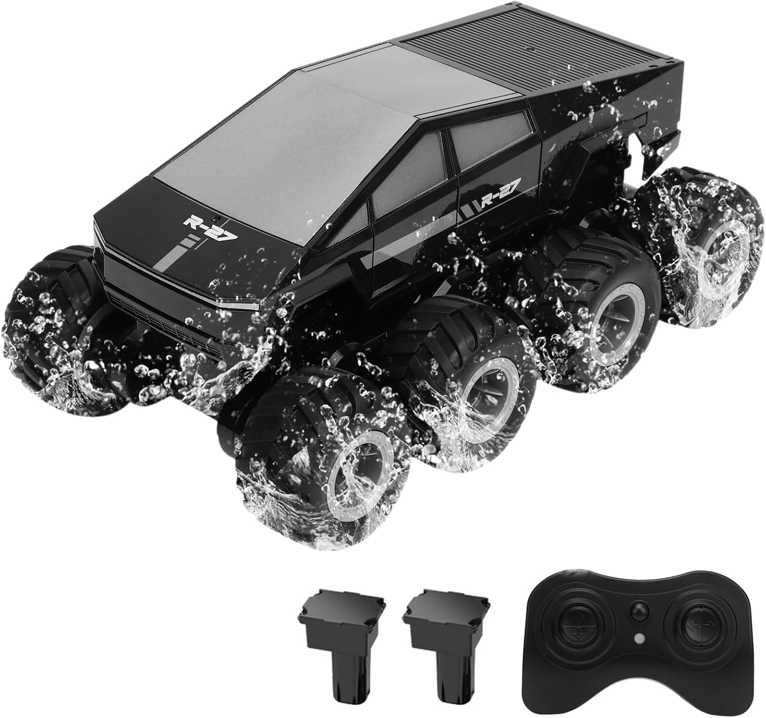 Amphibious RC Truck, Water and Land All Terrain Remote Control Car for Teens, 360° Rotating 8WD Off Road Pick up Truck, Water Proof Cyber RC Car Toy for Teens (Black 2 Batteries)