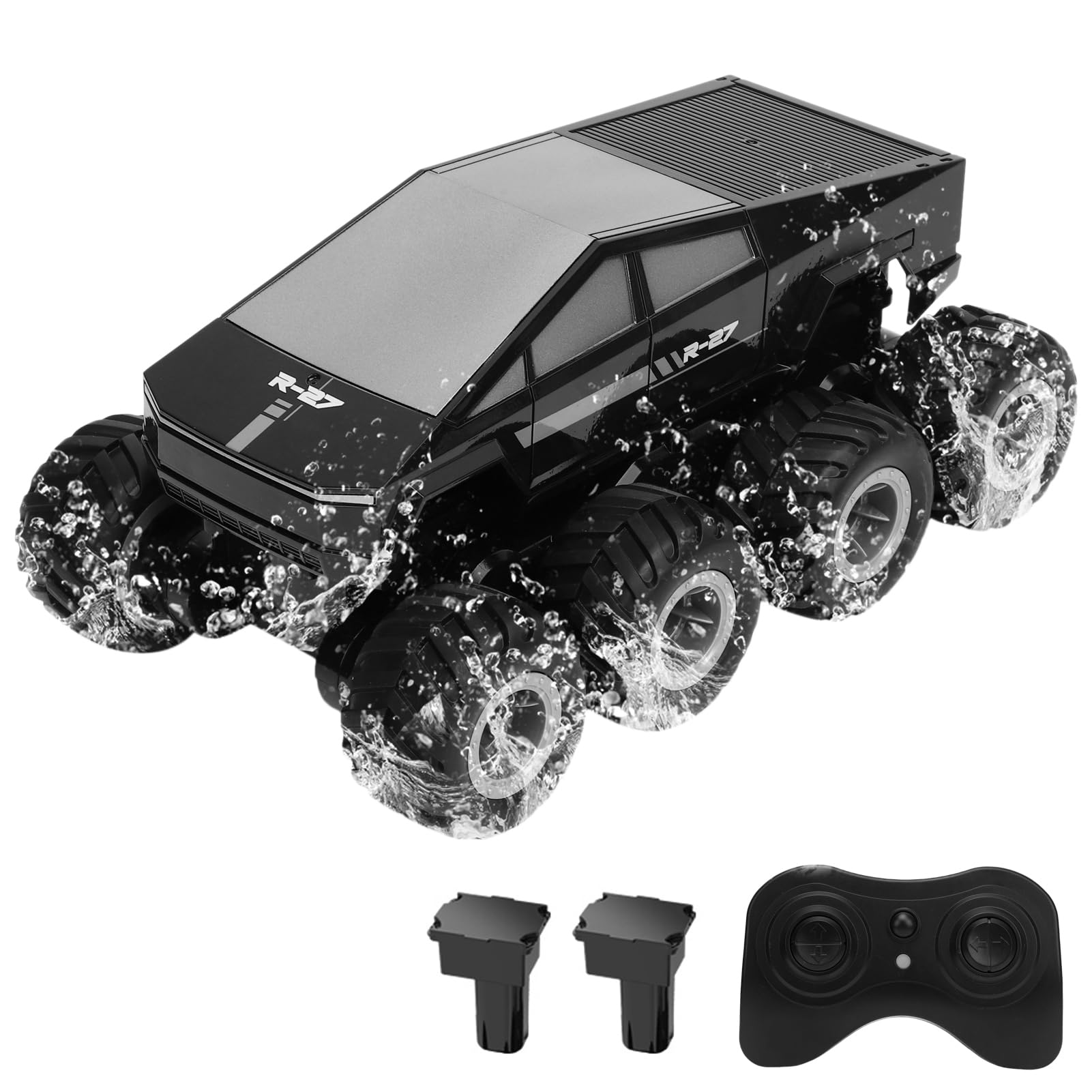 Hylukon Amphibious RC Truck, Water and Land All-Terrain Remote Control Car for Teens, 360° Rotating 8WD Off-Road Pick Up Truck, Water Proof Cyber RC Car Toy for Teens (Black 2 Batteries)