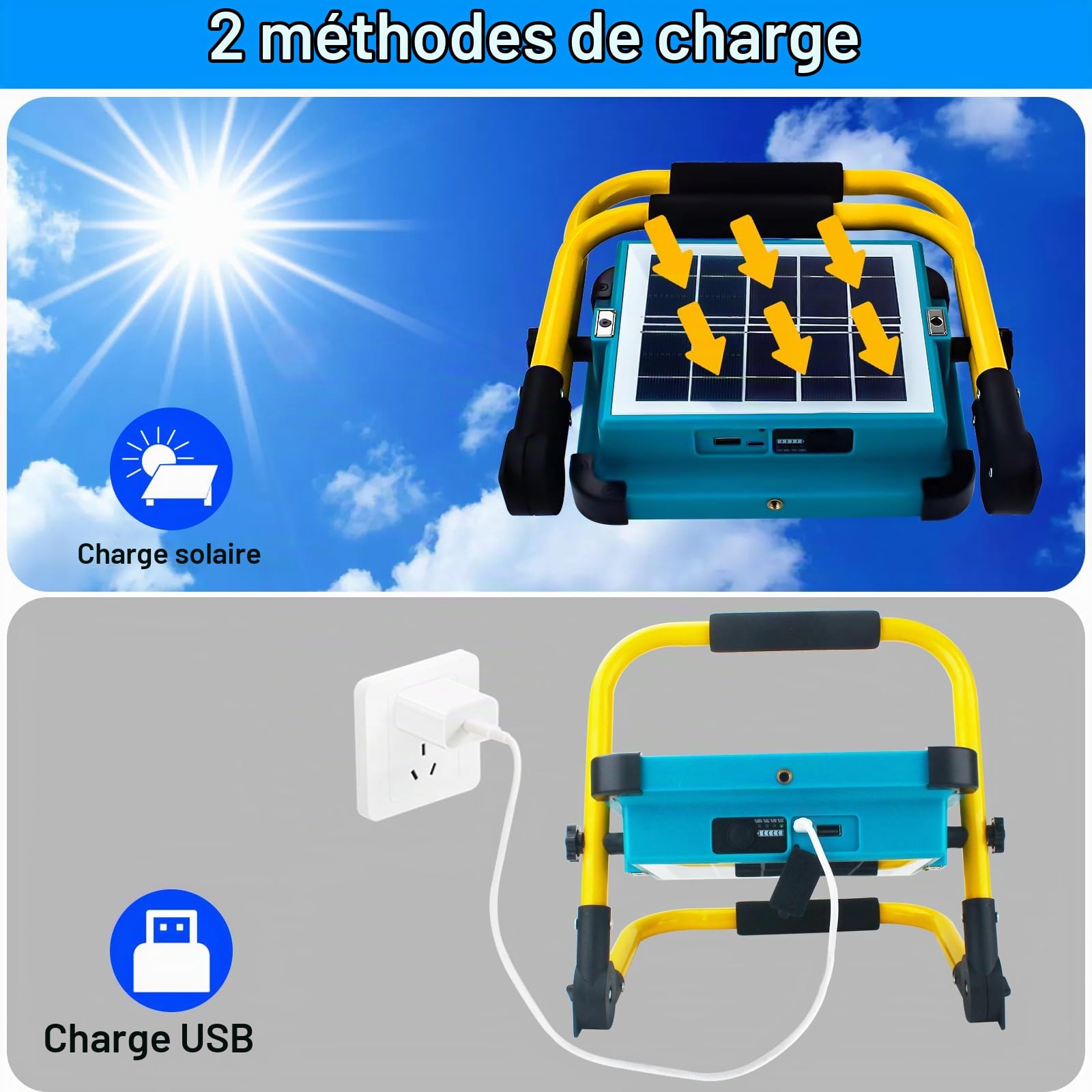 100W Projecteur LED Rechargeable,Projecteur Chantier Rechargeable avec Support et Batterie 16500mAh, Type-C et Solaire Rechargeable, 4 Modes d'éclairage pour Camping, Travail, Pêche