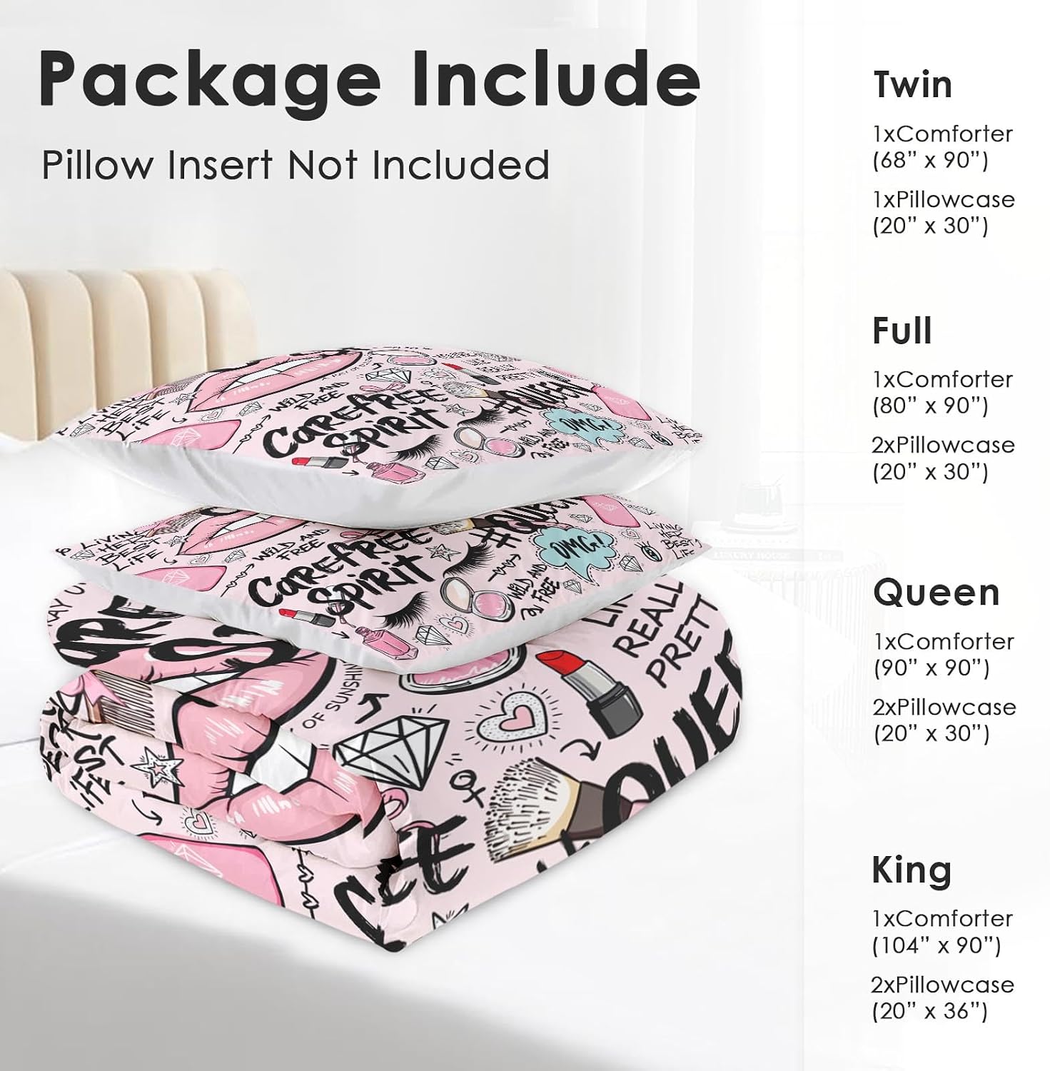 Pamnest Comforter Set Twin Size, Makeup Pink Queen Soft 2 Pcs Bedding for Kids and Adults, Women Diamond Cute Comforter Set with Pillowcase, for Bedroom Bed Decor