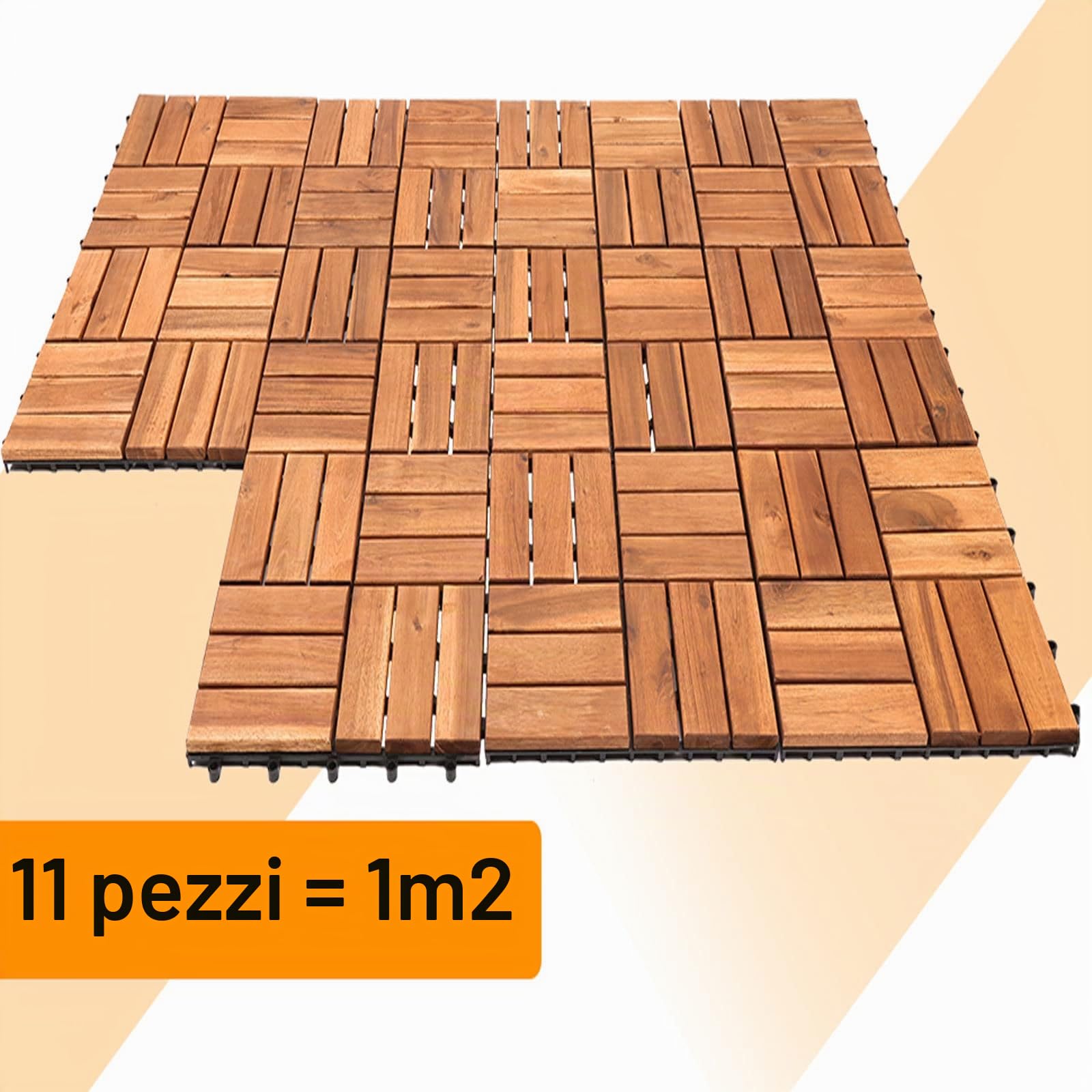 Piastrelle in legno 11 pezzi | 30 × 30 cm | 1 m² per piastrelle da pavimento | in legno di acacia | Pavimentazione per esterni e interni, balcone con sistema di drenaggio e sistema a clic